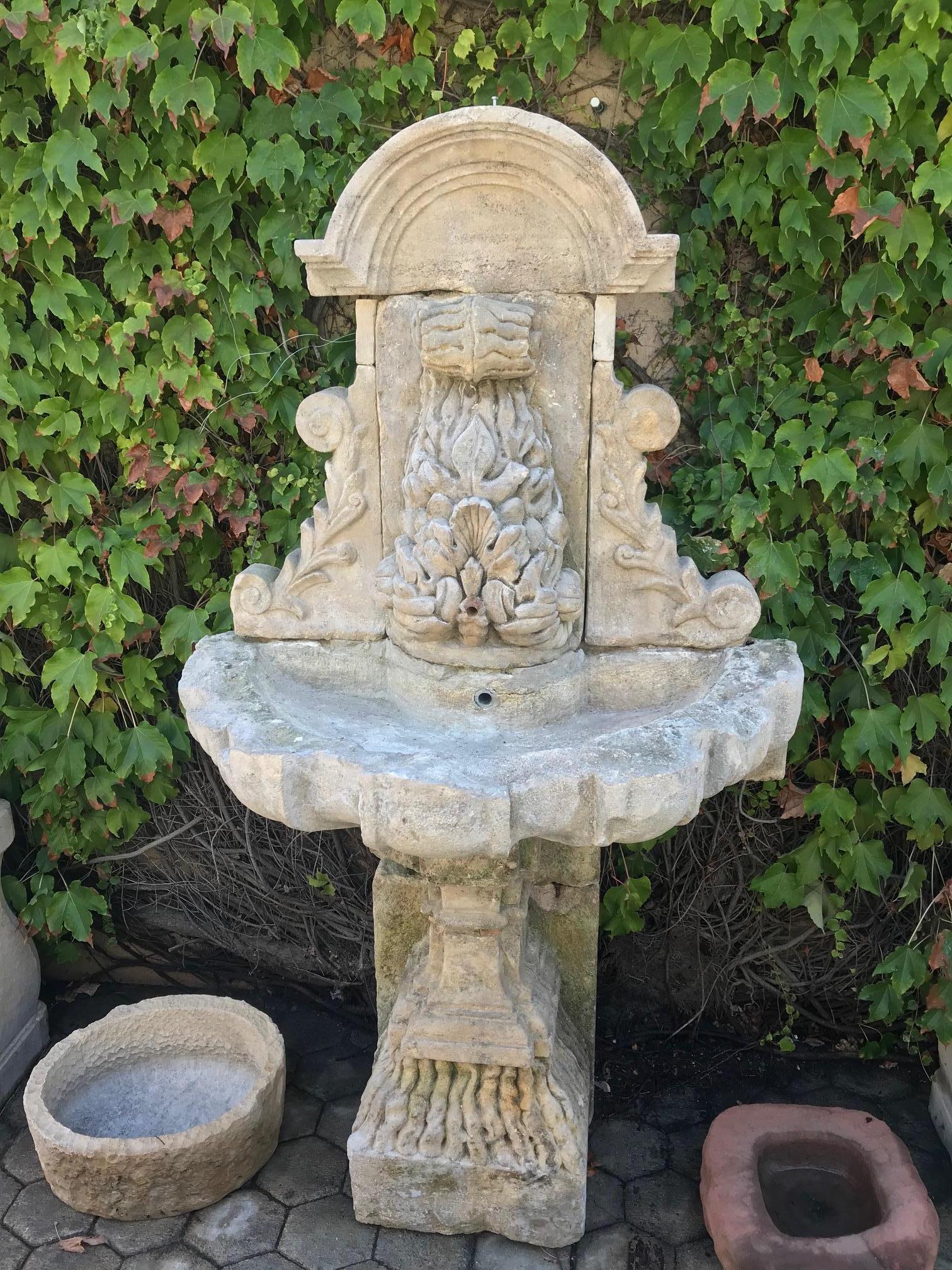 Large 18th Century Hand Carved Stone Wall Fountain and basin on pedestal base LA 4