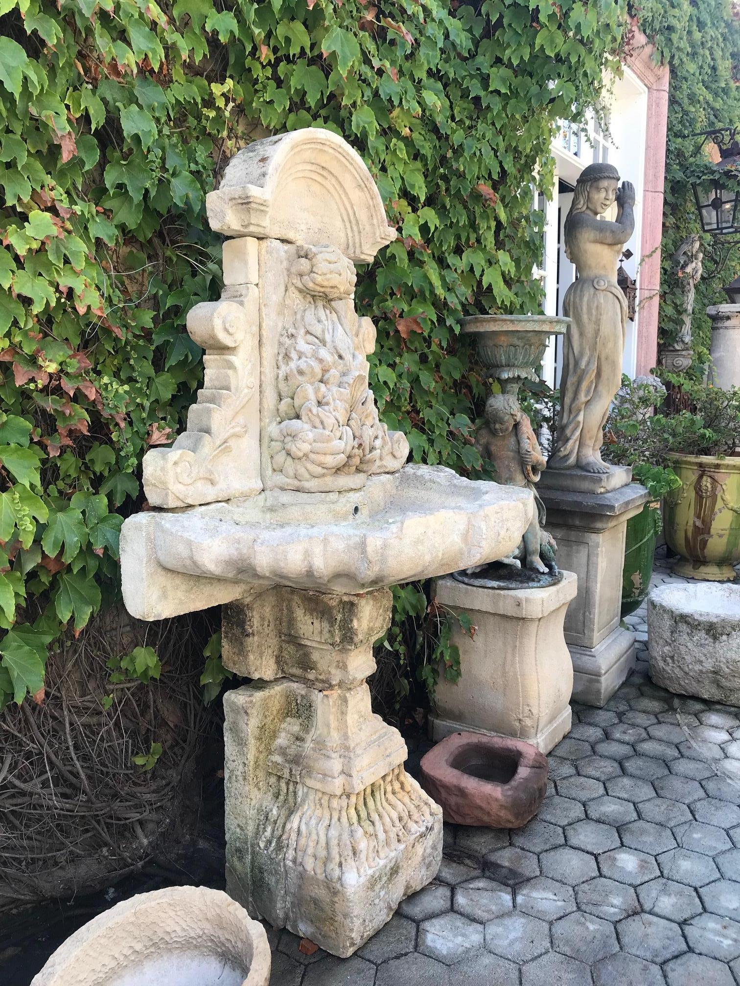 Large 18th Century Hand Carved Stone Wall Fountain and basin on pedestal base LA 5