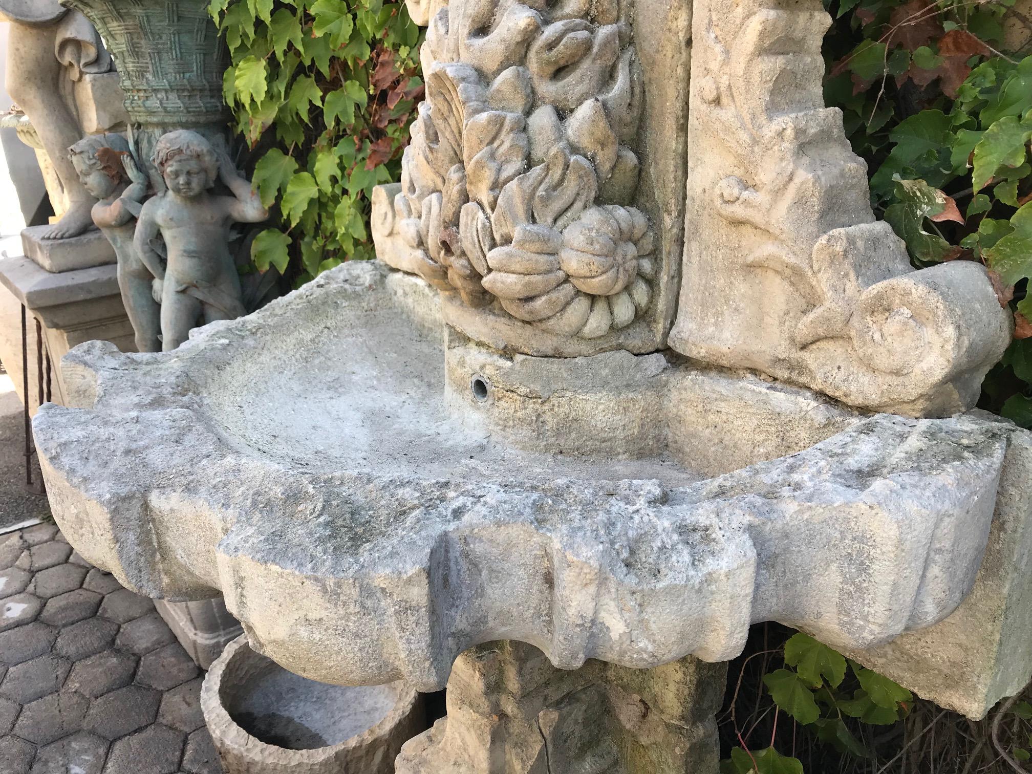 Hand-Carved Large 18th Century Hand Carved Stone Wall Fountain and basin on pedestal base LA