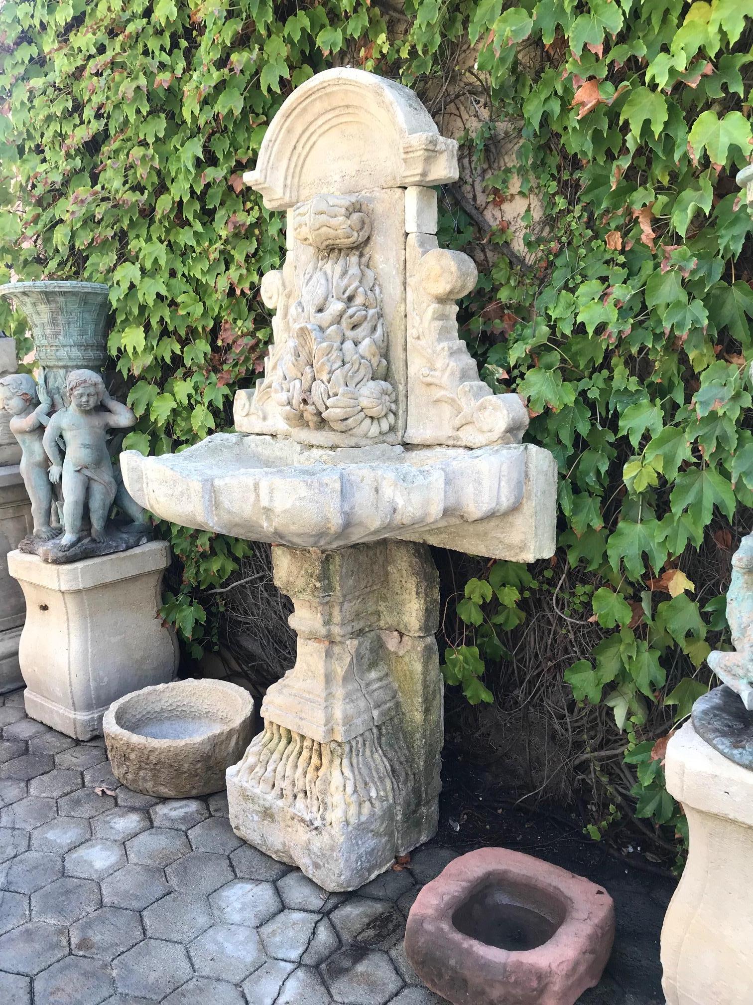 Large 18th Century Hand Carved Stone Wall Fountain and basin on pedestal base LA 2