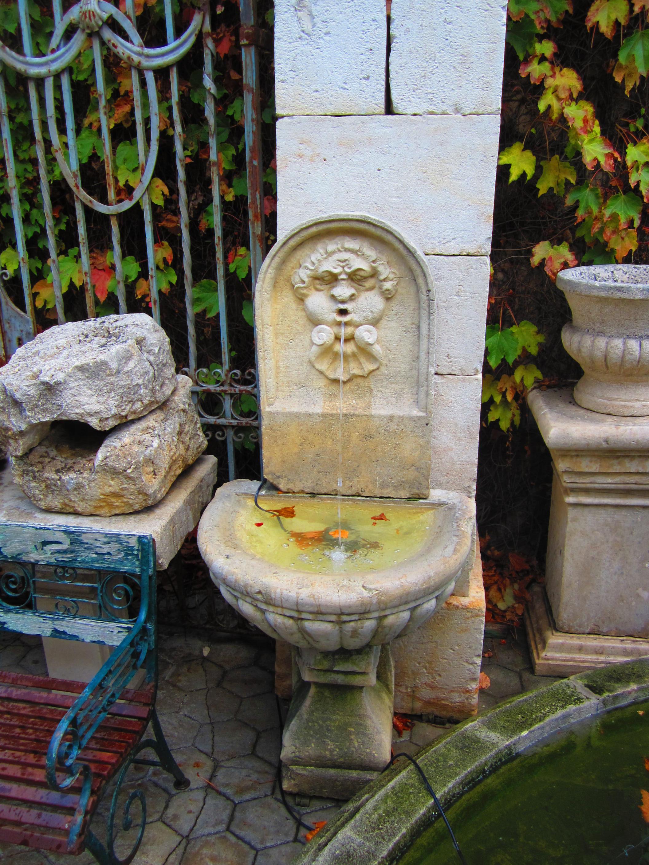 Hand-Carved Large 18th C. Hand Carved Stone Wall Fountain & Basin trough on Pedestal Base LA