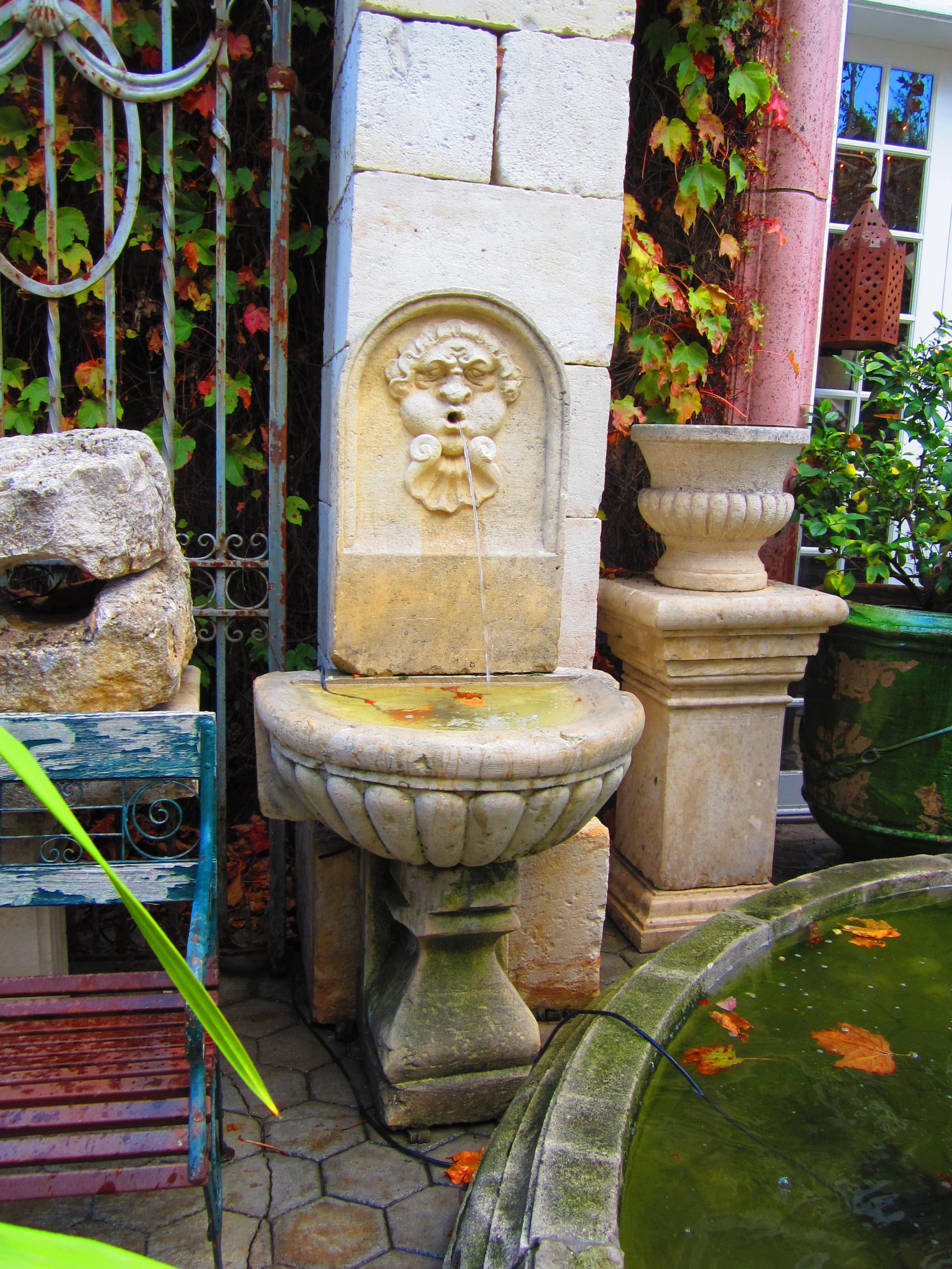 Large 18th C. Hand Carved Stone Wall Fountain & Basin trough on Pedestal Base LA In Good Condition In West Hollywood, CA