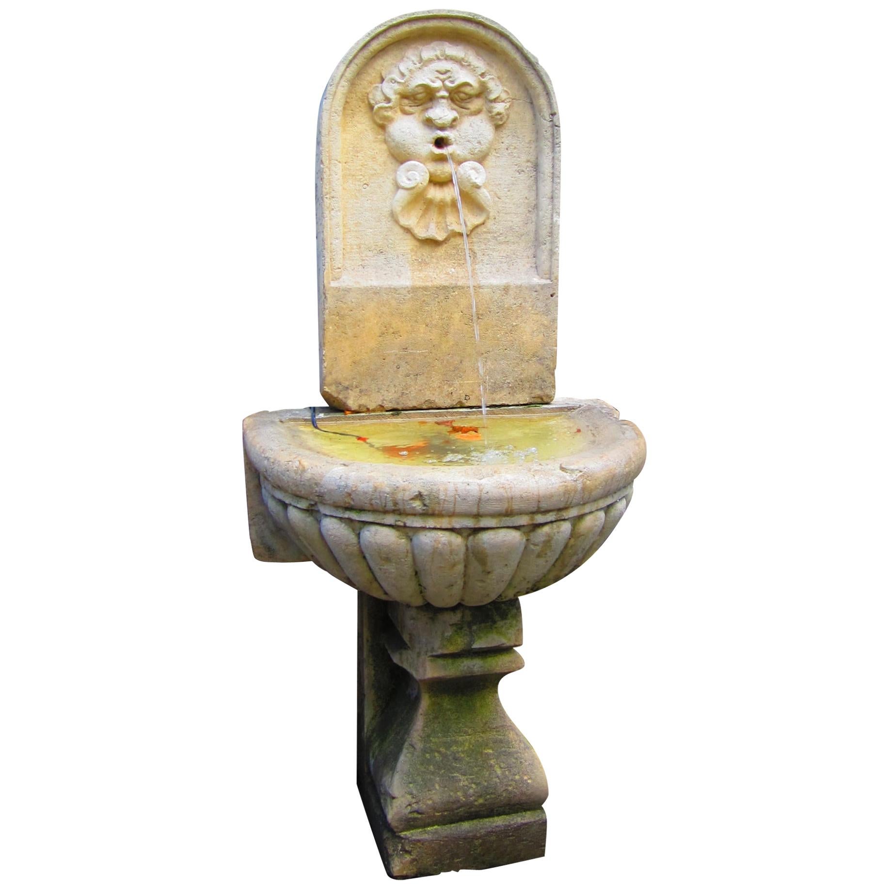 Large 18th C. Hand Carved Stone Wall Fountain & Basin trough on Pedestal Base LA