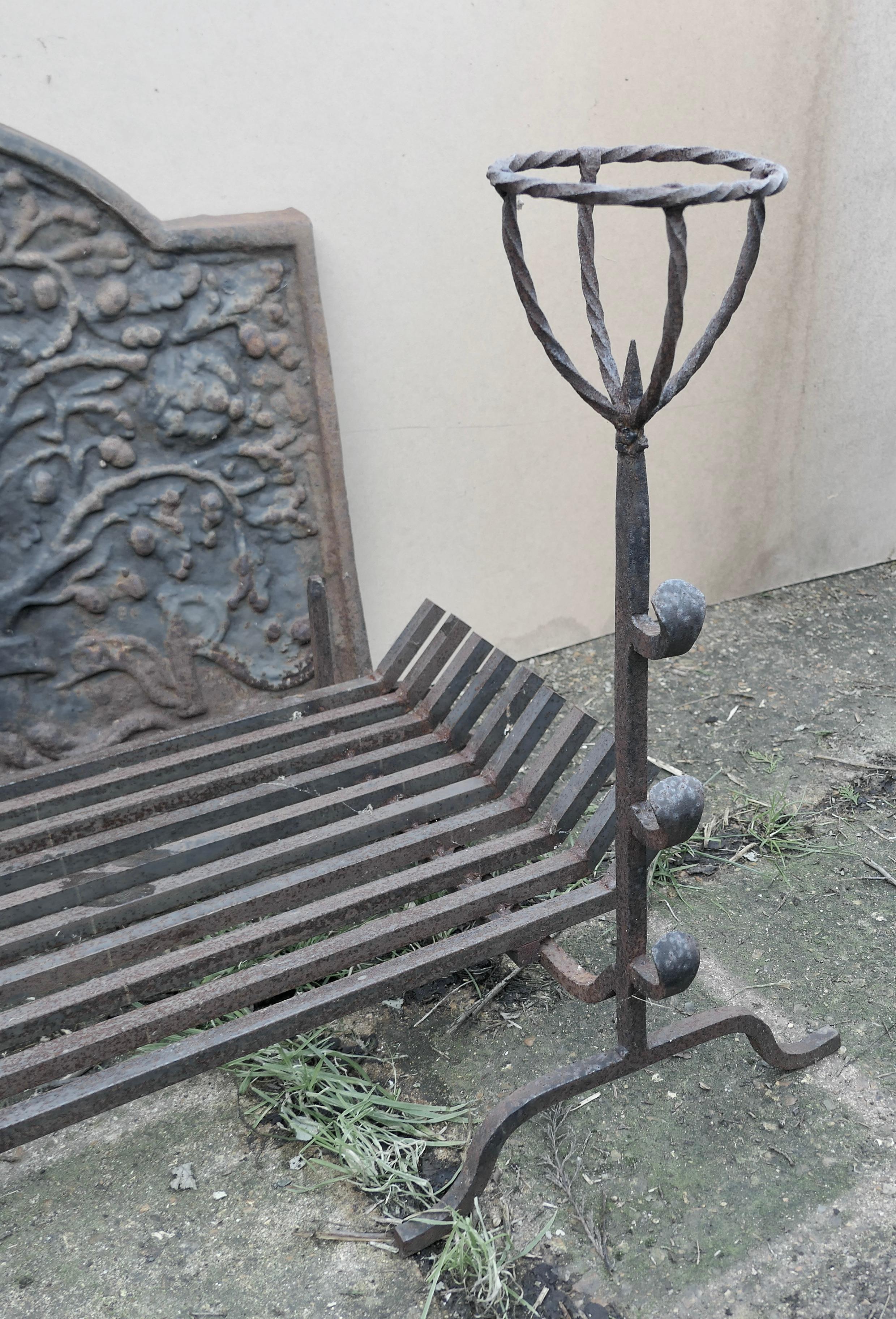  Large 18th Century Heavy Iron Fire Back, Andirons and Grate    For Sale 6