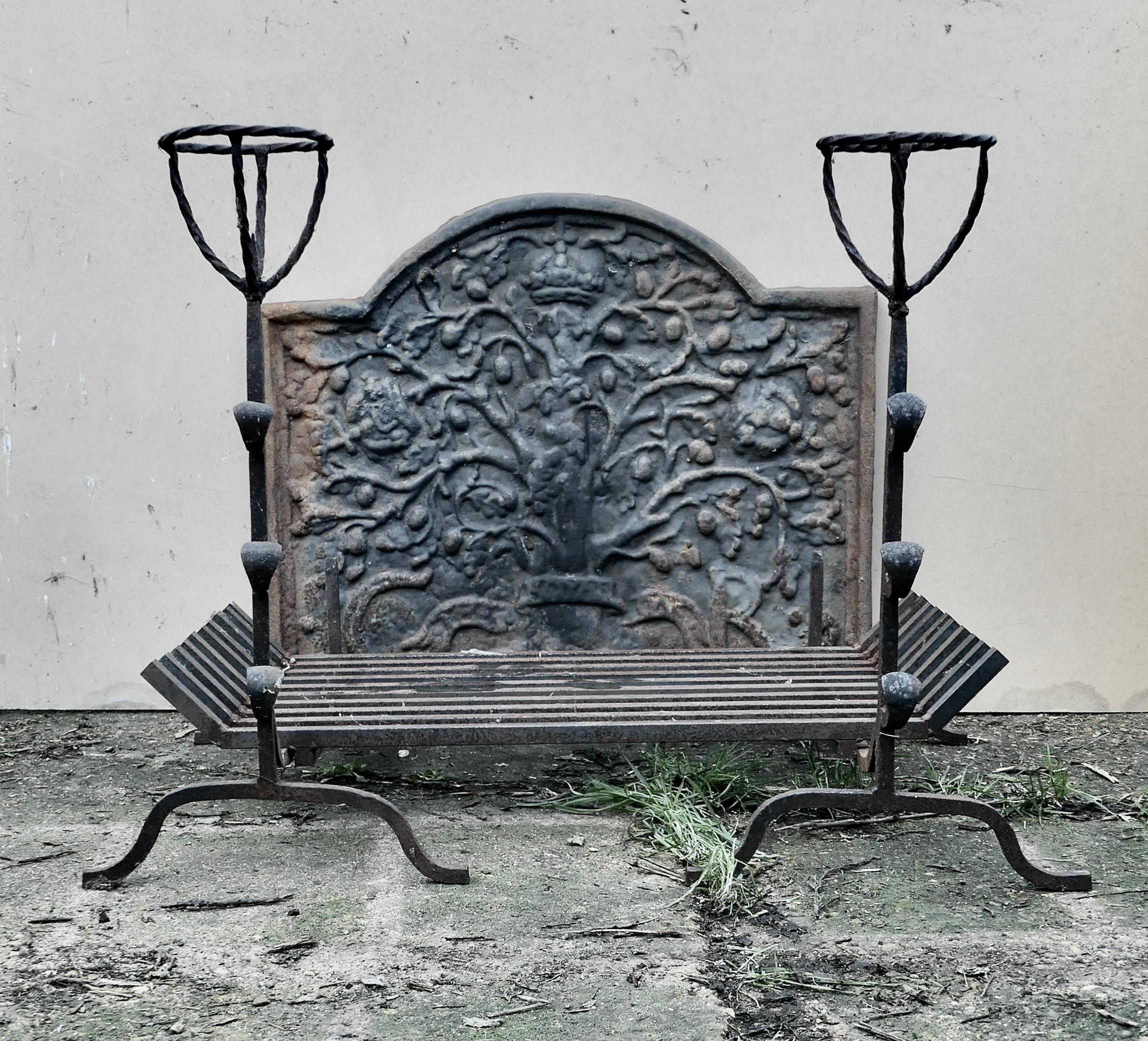 Charles II  Large 18th Century Heavy Iron Fire Back, Andirons and Grate    For Sale