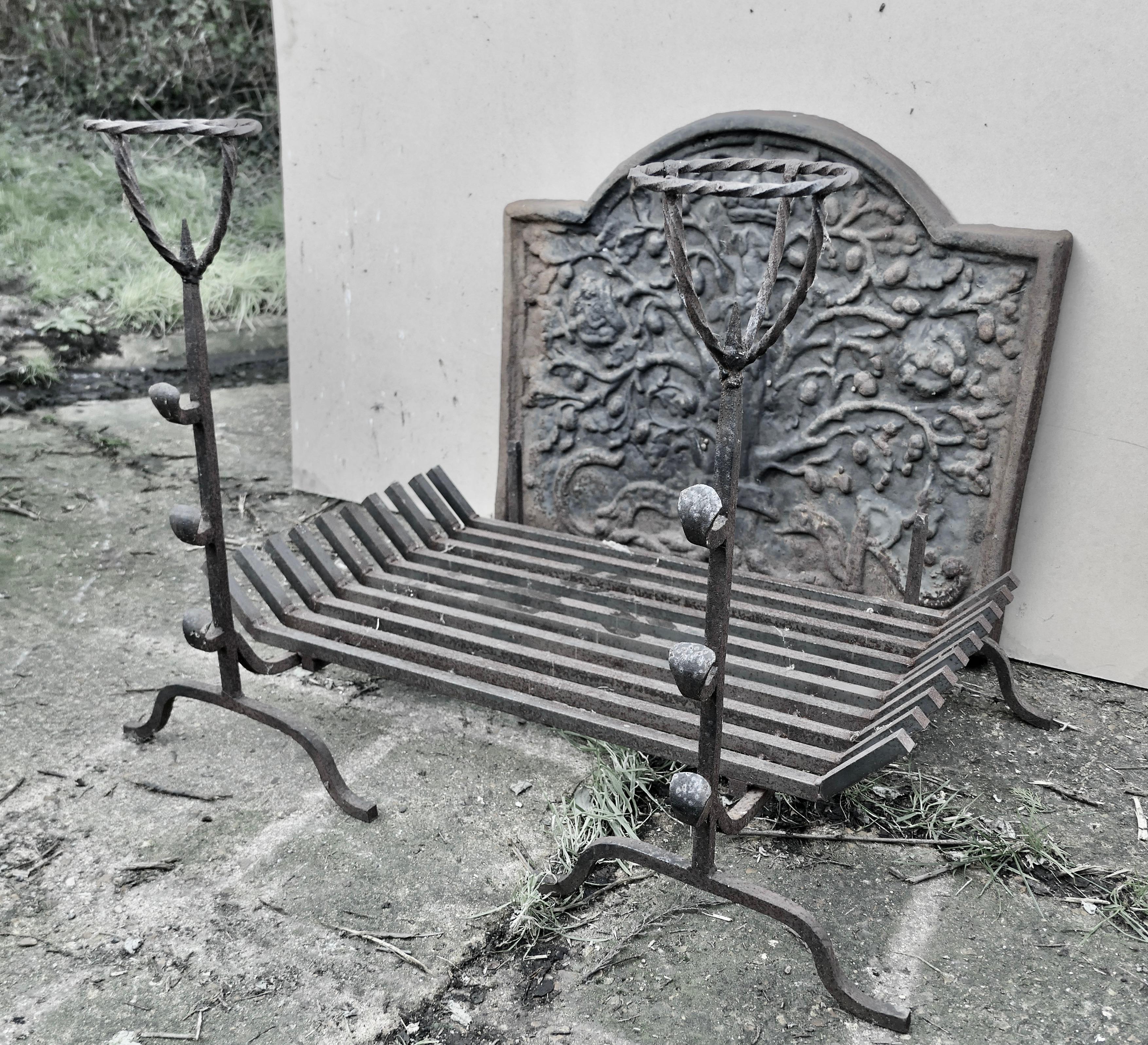  Large 18th Century Heavy Iron Fire Back, Andirons and Grate    For Sale 3