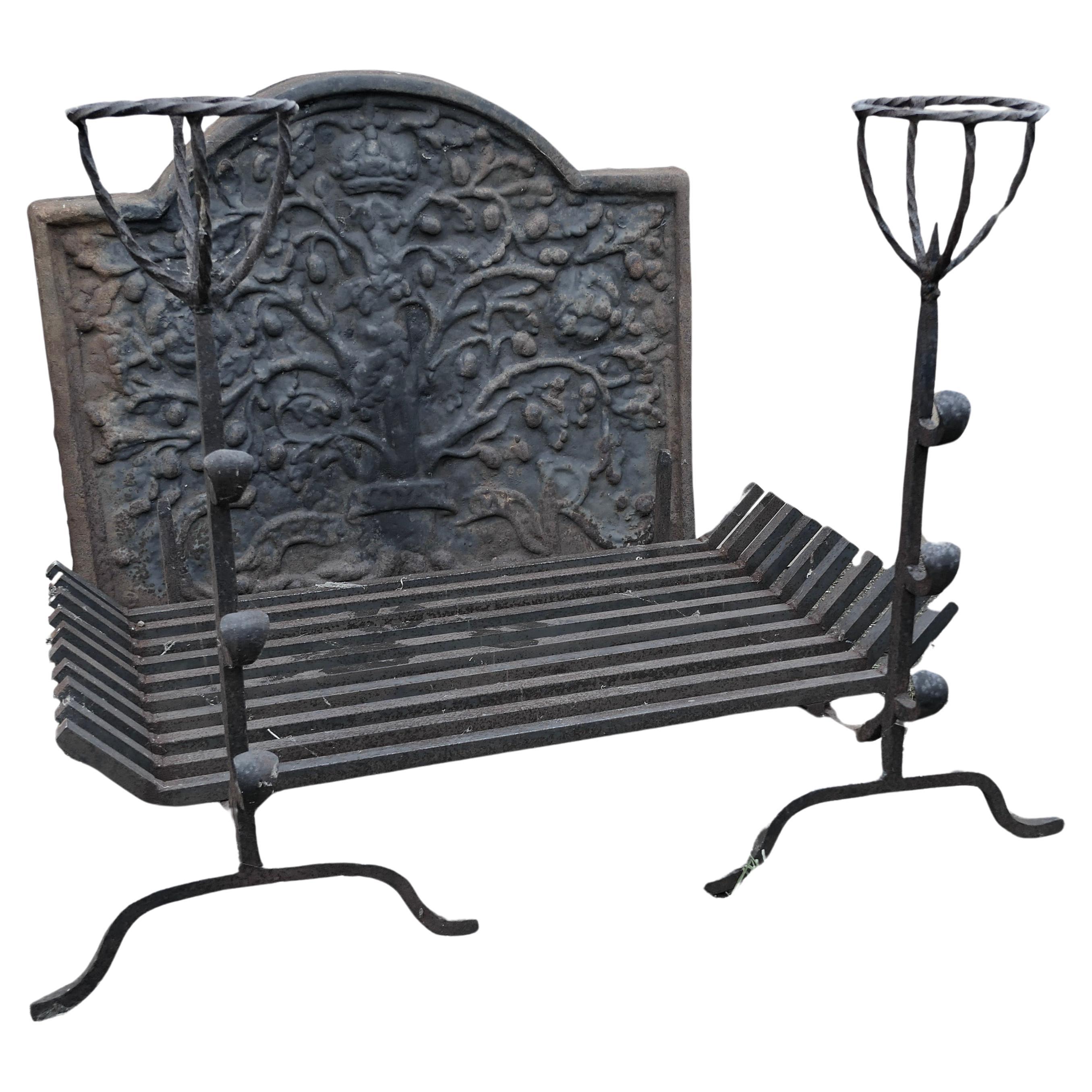  Large 18th Century Heavy Iron Fire Back, Andirons and Grate    For Sale