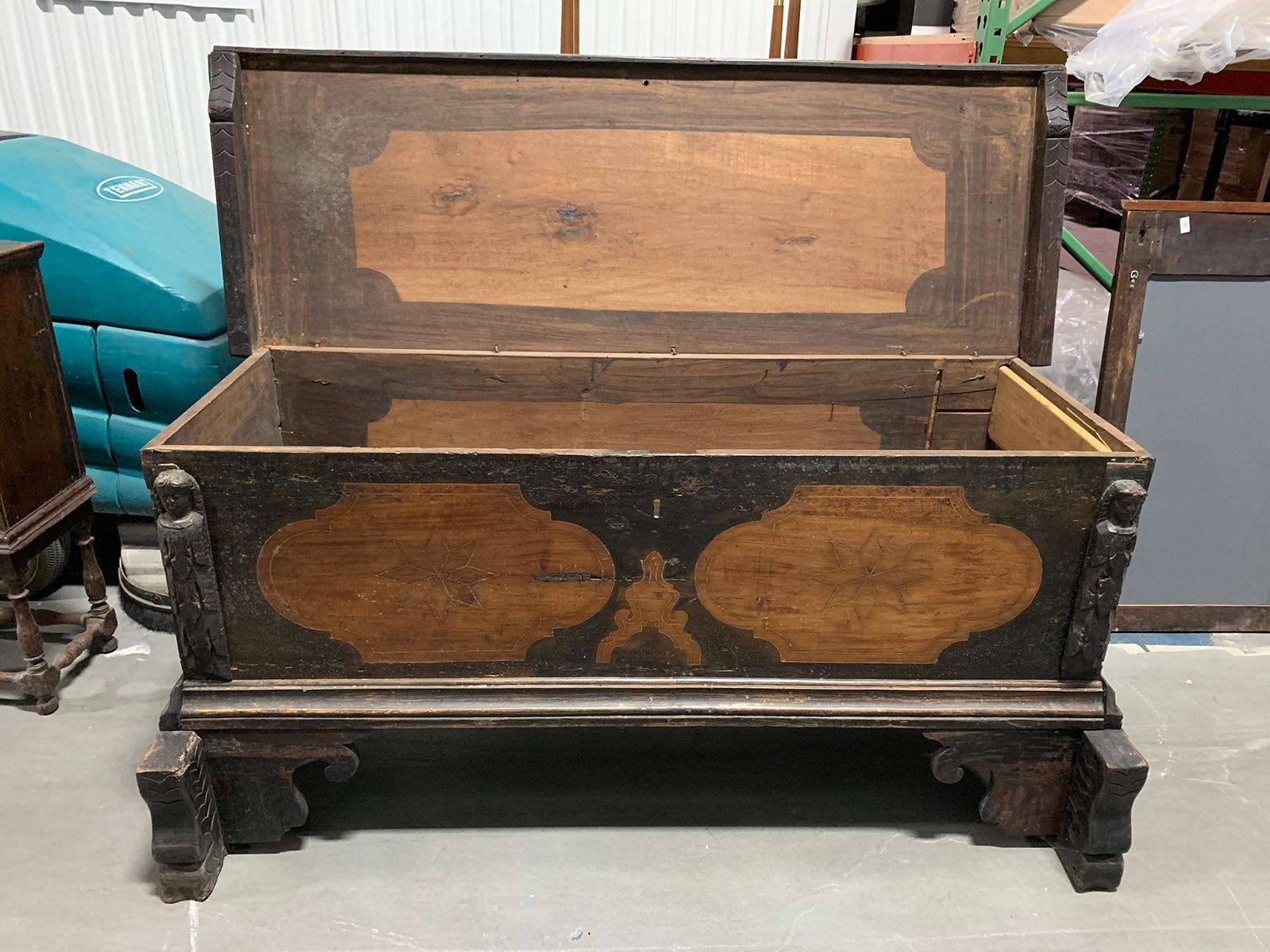 Hand-Carved Large 18th Century Italian Carved Coffer Trunk