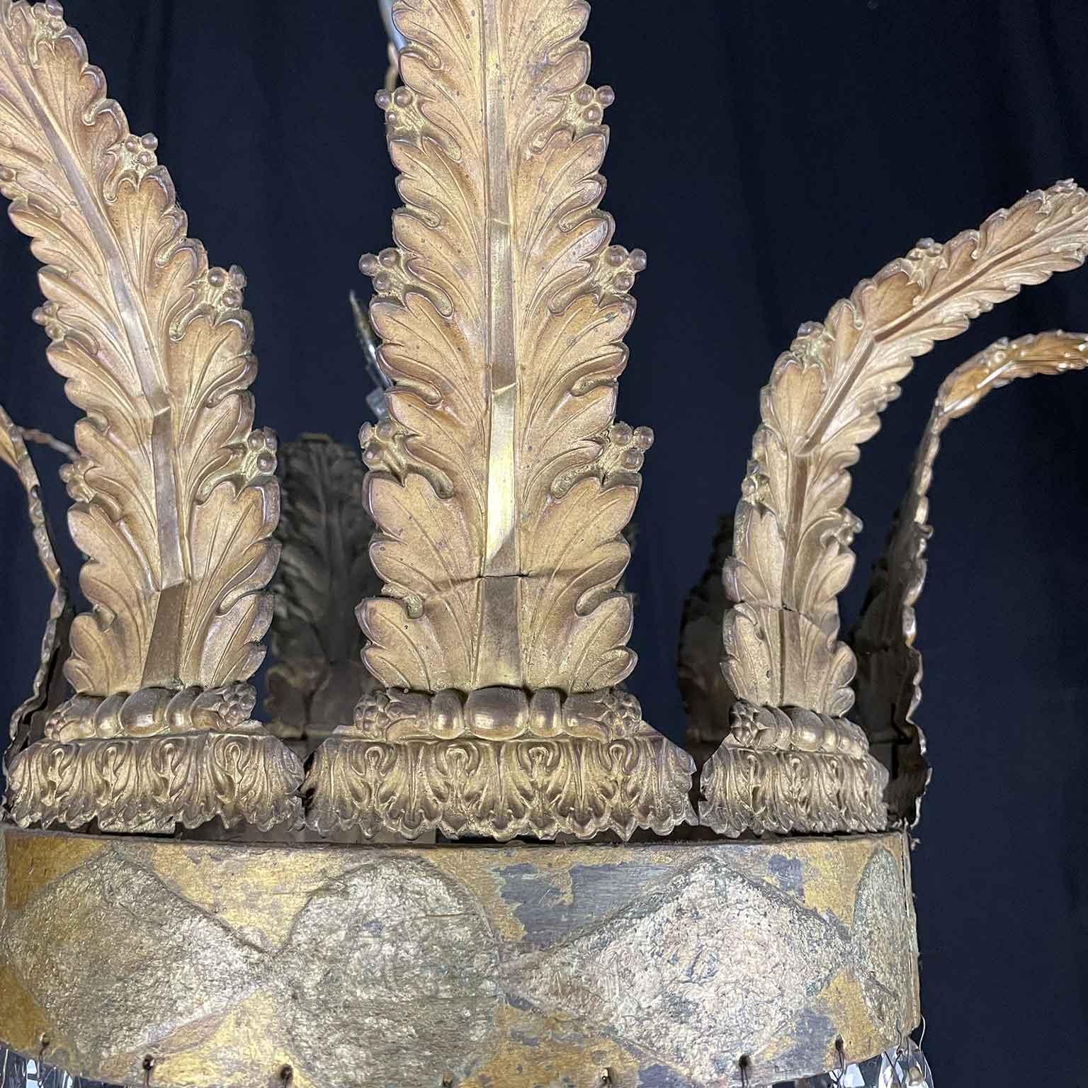 Large 18th Century Italian Empire Chandelier Crystal Gilt Iron Giltwood Pendant 7