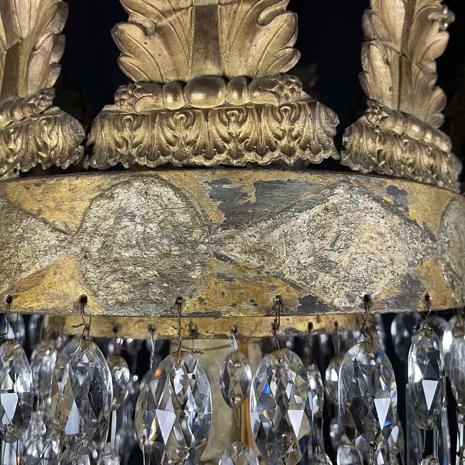 Large 18th Century Italian Empire Chandelier Crystal Gilt Iron Giltwood Pendant 8