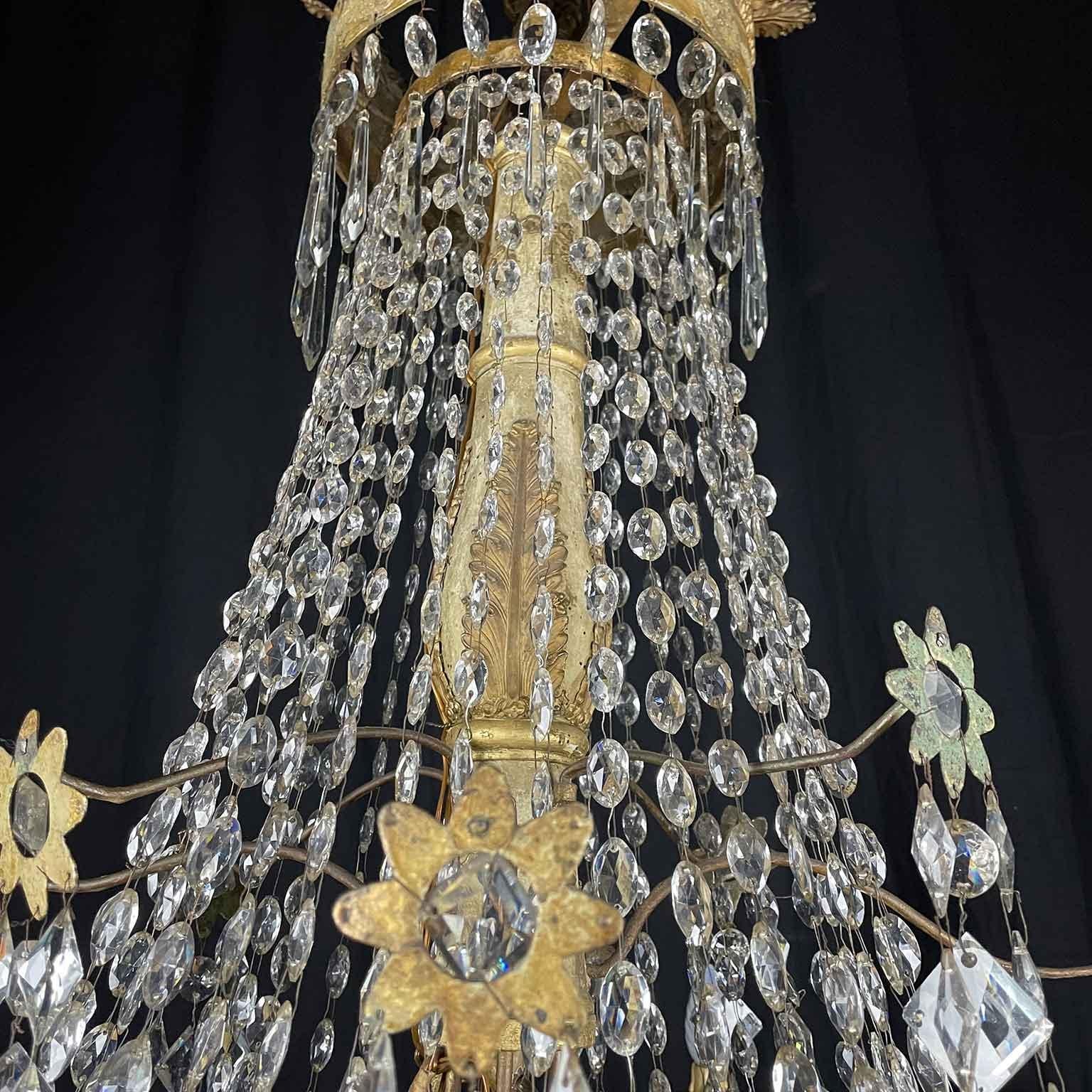 Large 18th Century Italian Empire Chandelier Crystal Gilt Iron Giltwood Pendant 14