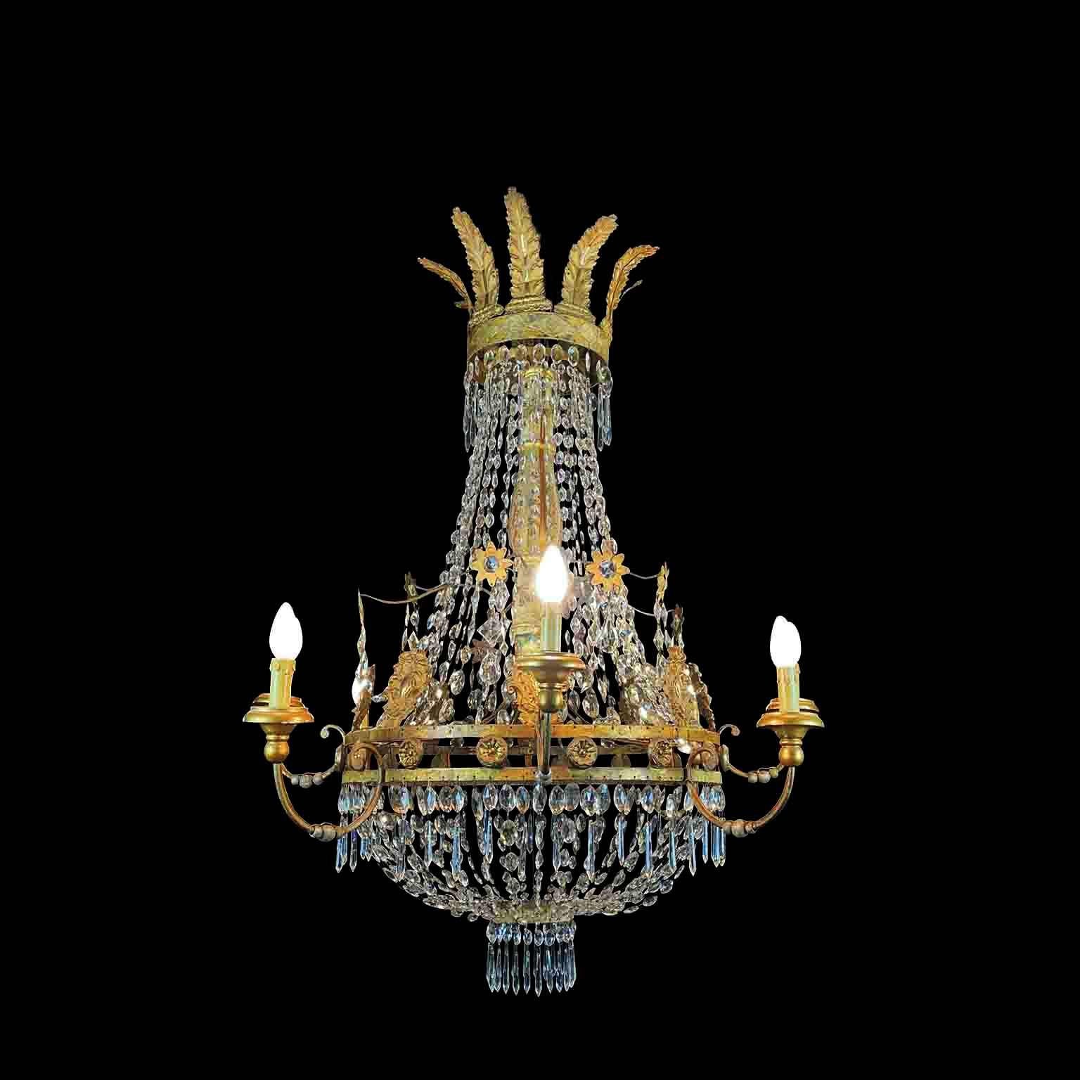 Large 18th Century Italian Empire Chandelier Crystal Gilt Iron Giltwood Pendant 17