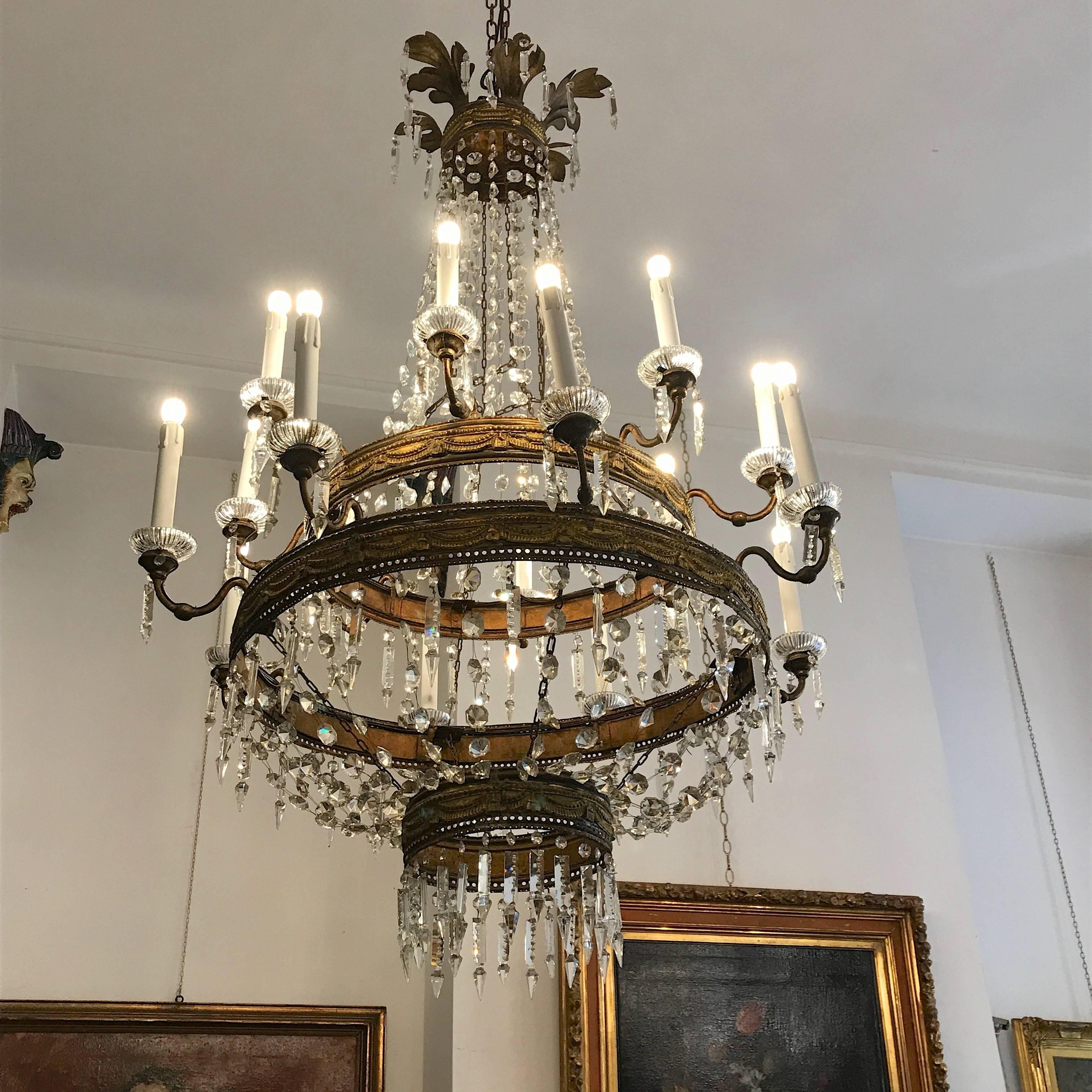 Embossed Large 18th Century Italian Empire Chandelier Sixteen-Light Crystal Gilt Brass 