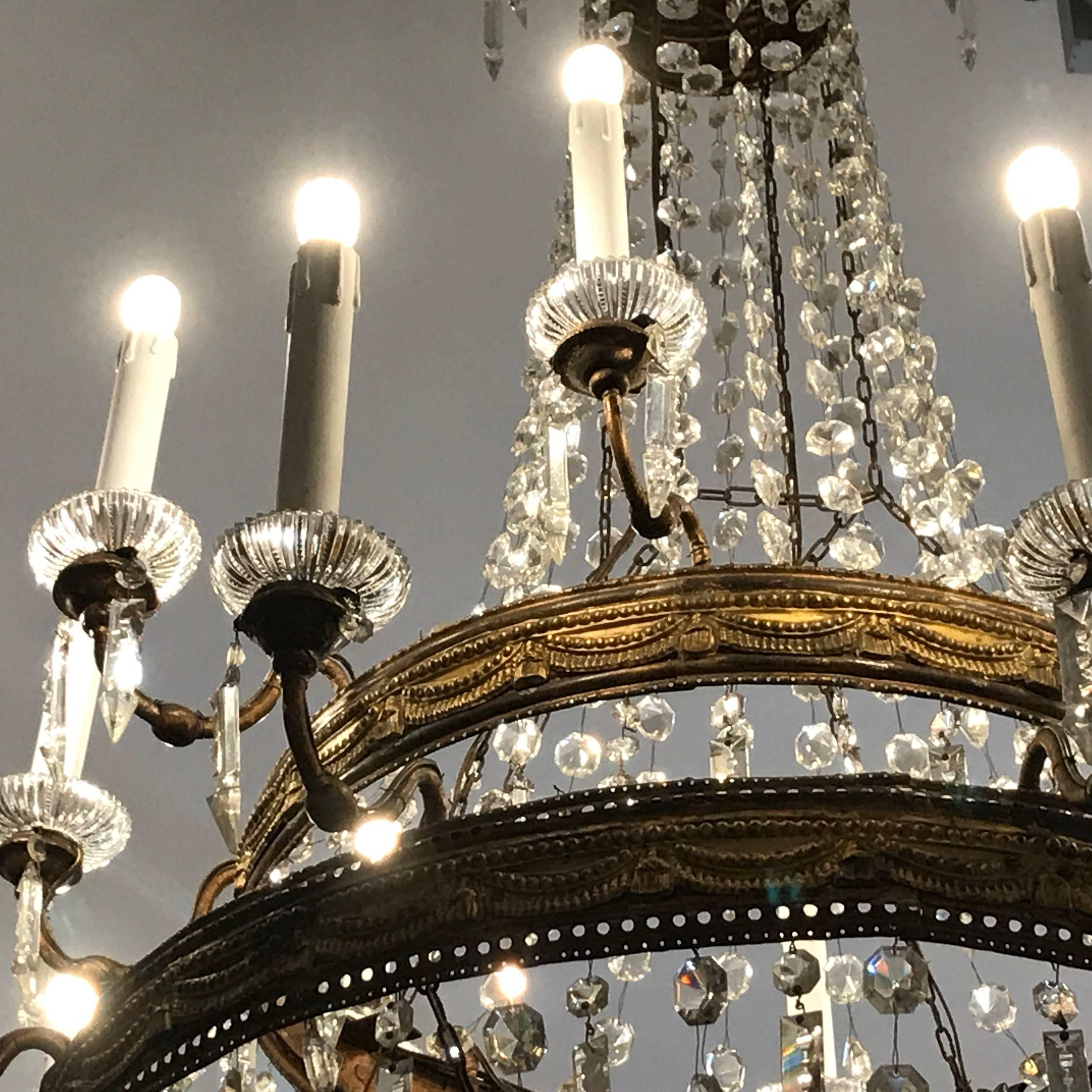 Large 18th Century Italian Empire Chandelier Sixteen-Light Crystal Gilt Brass  1