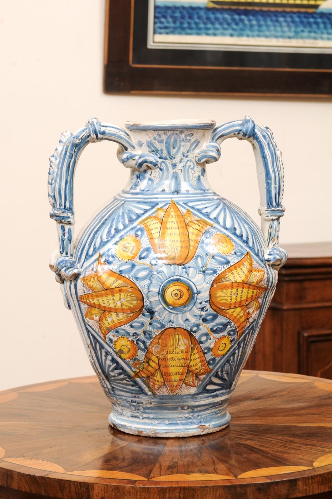 Large 18th Century Italian Faience Vase with Handles For Sale 8