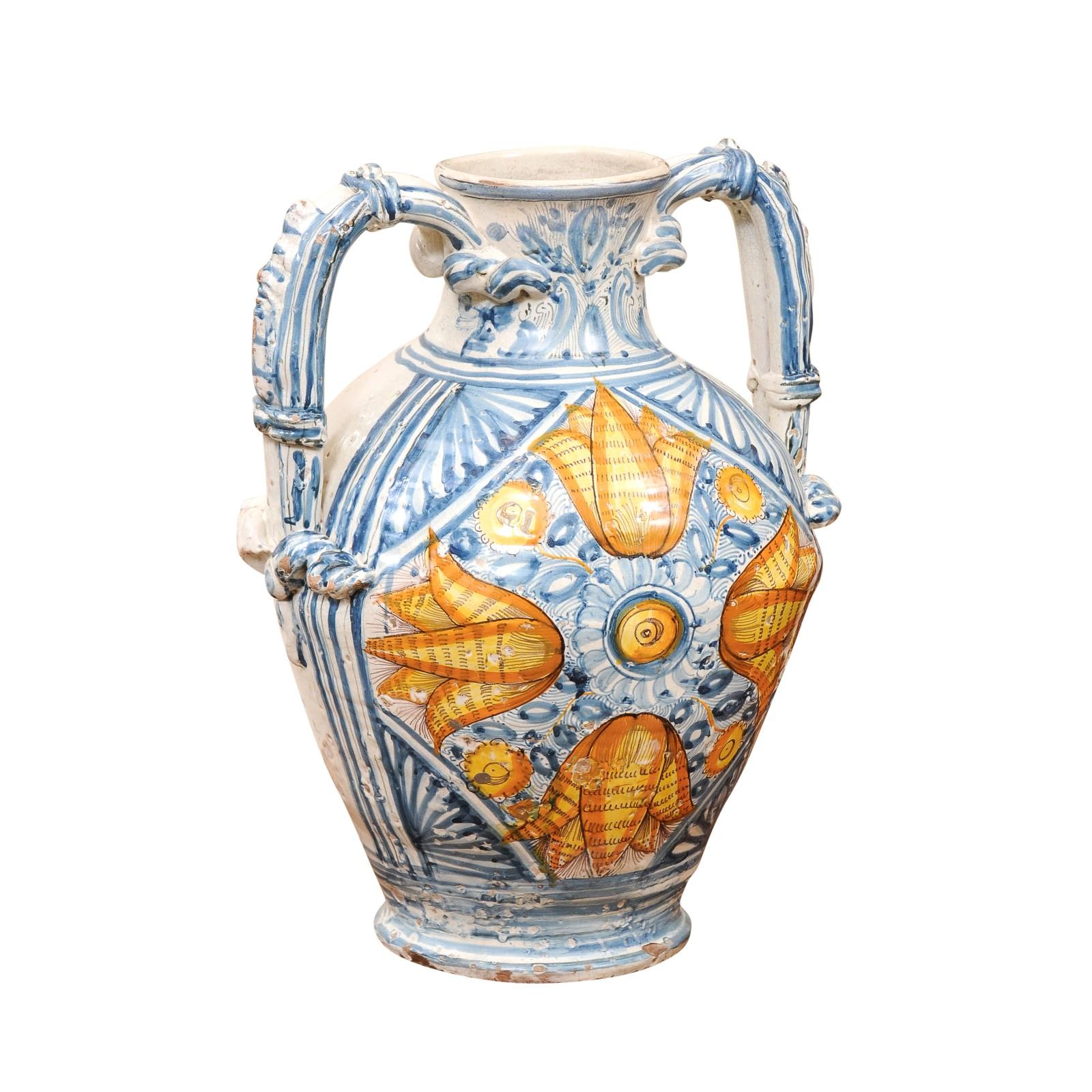 Große italienische Fayence-Vase aus dem 18. Jahrhundert mit Henkeln (Italienisch) im Angebot