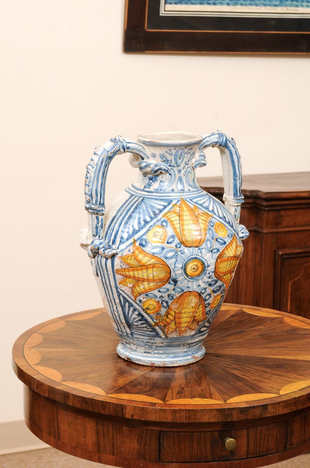 18th Century and Earlier Large 18th Century Italian Faience Vase with Handles For Sale
