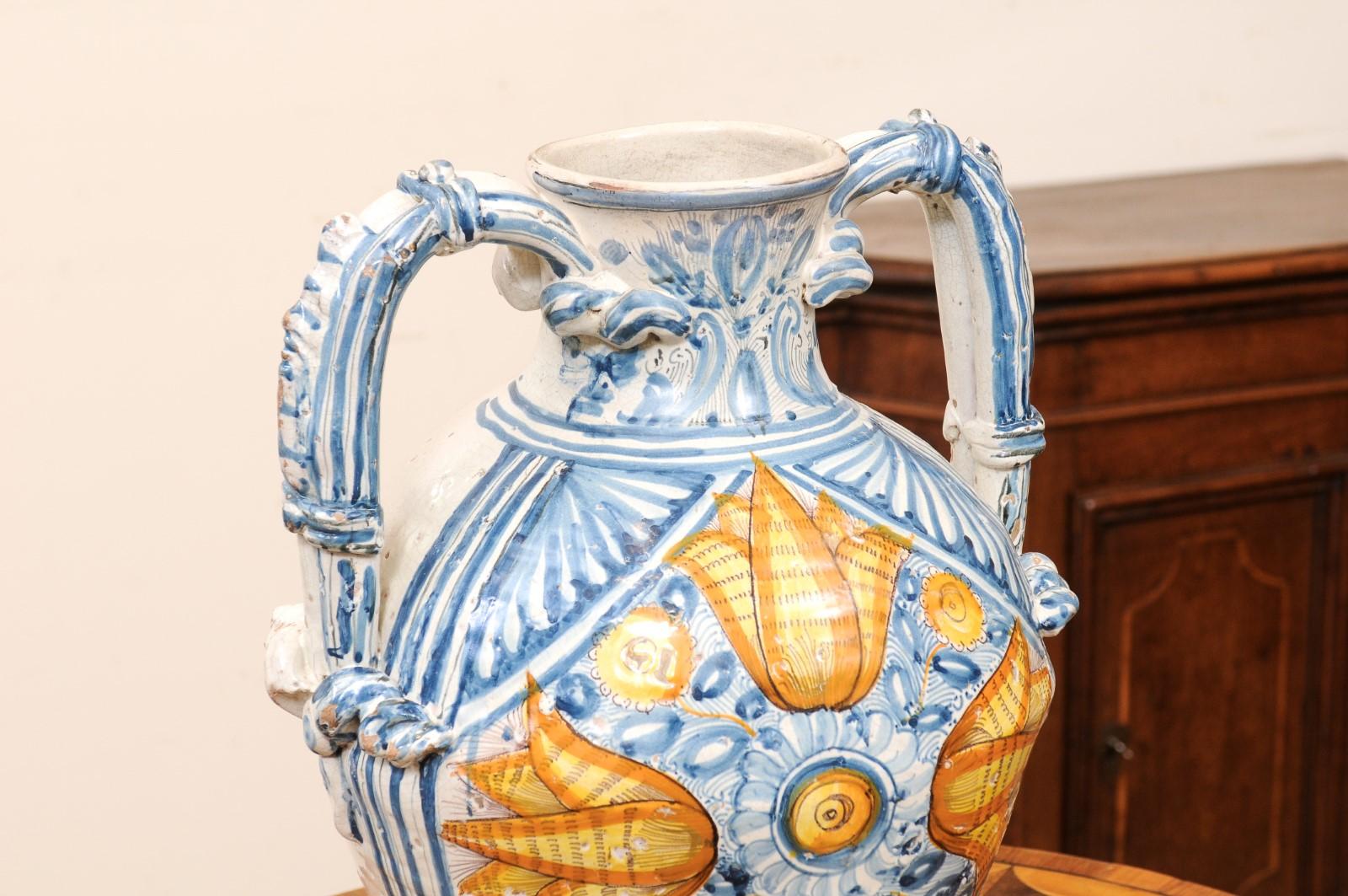 Porcelain Large 18th Century Italian Faience Vase with Handles For Sale