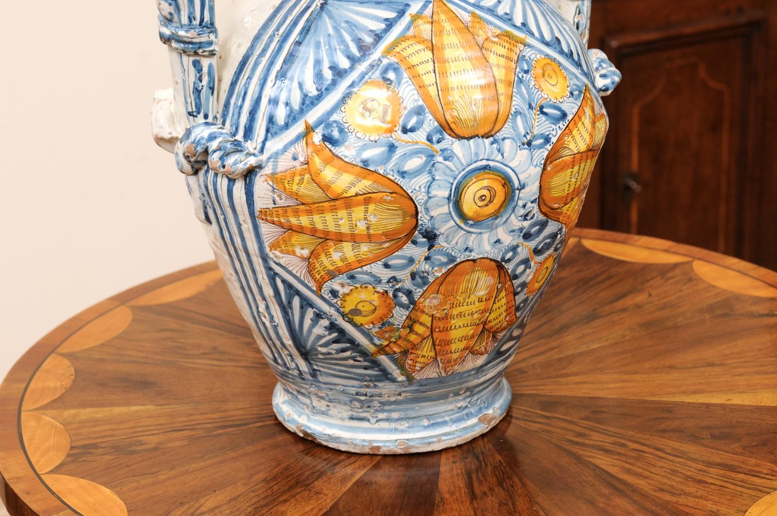 Large 18th Century Italian Faience Vase with Handles For Sale 1