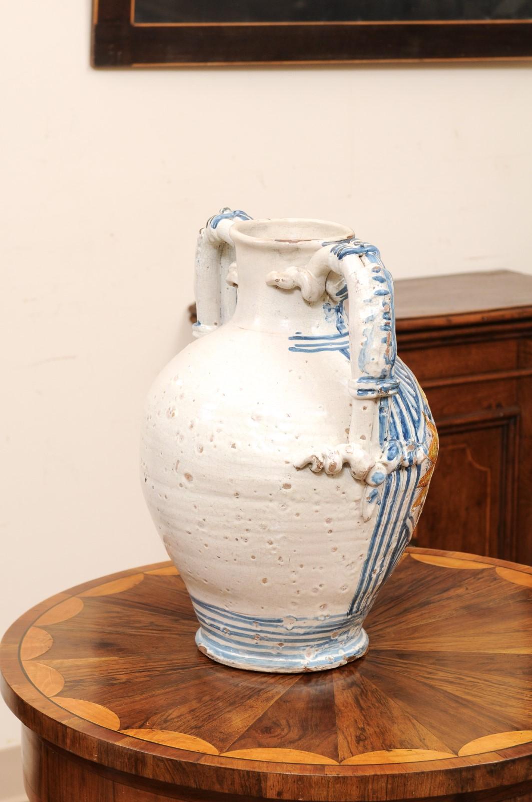 Large 18th Century Italian Faience Vase with Handles For Sale 3