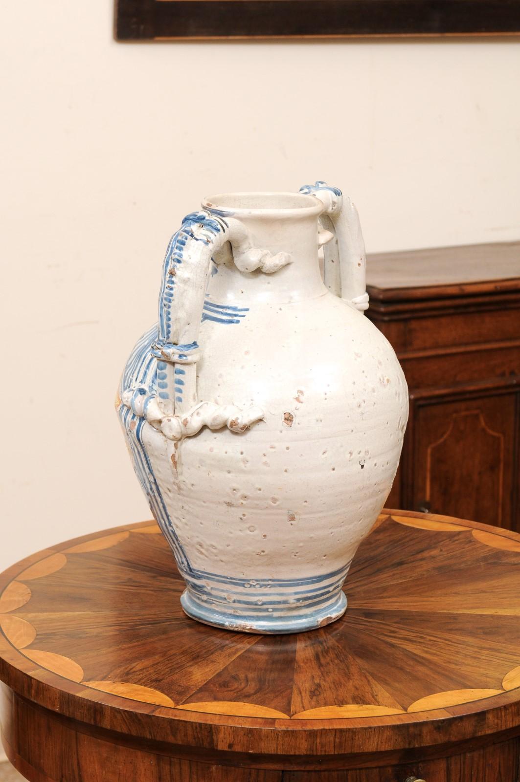 Large 18th Century Italian Faience Vase with Handles For Sale 5