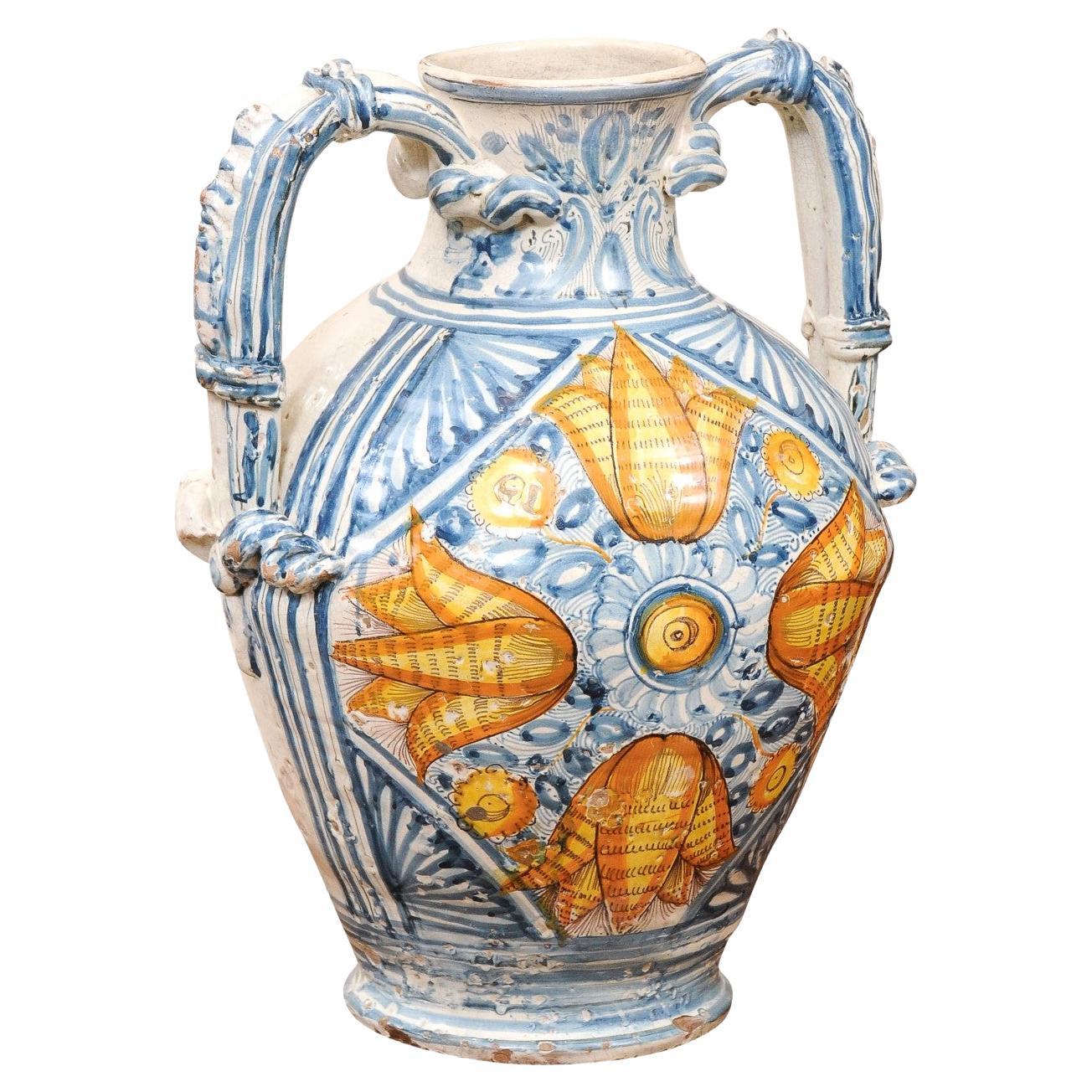 Large 18th Century Italian Faience Vase with Handles For Sale