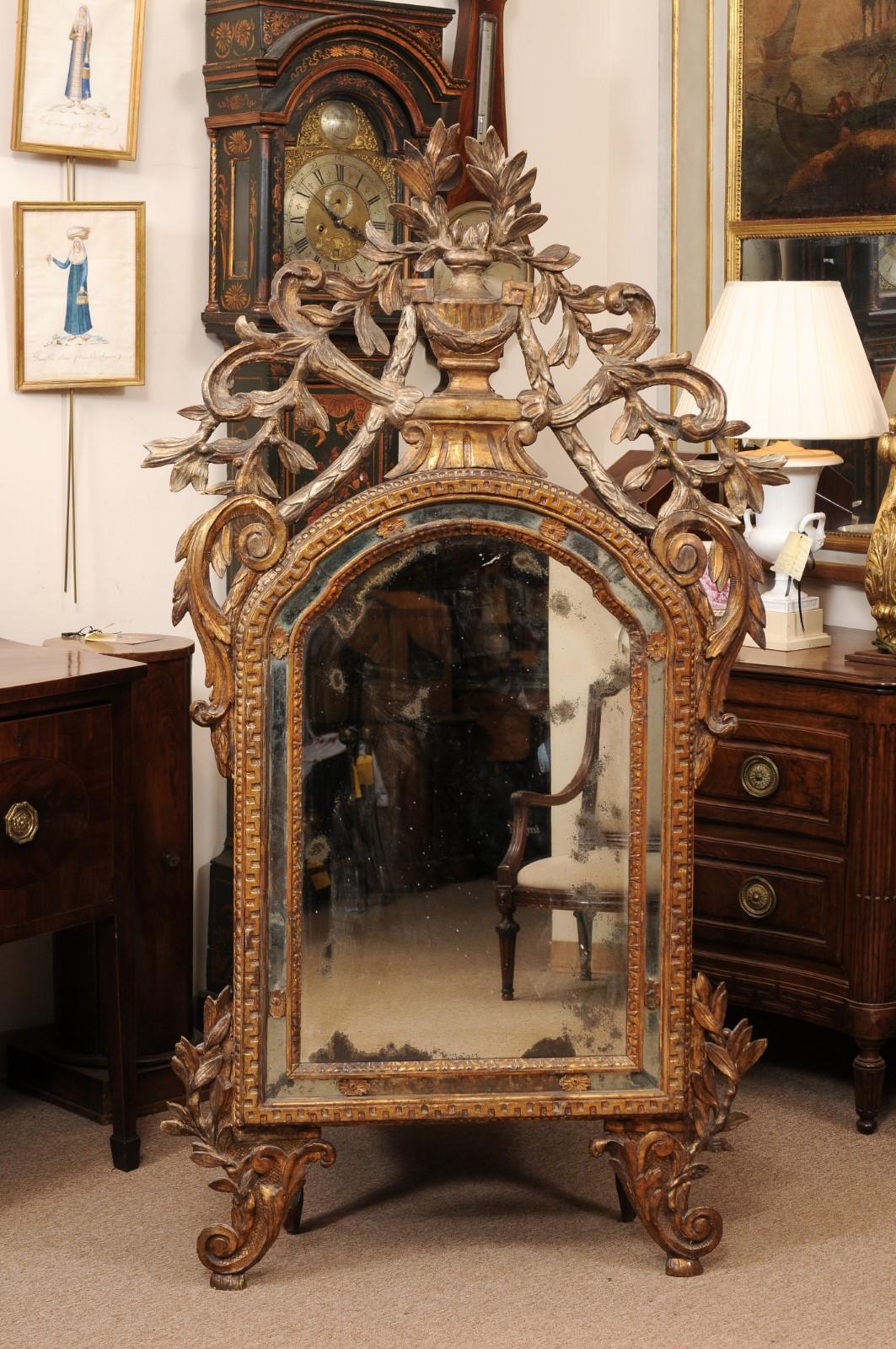 Large 18th Century Italian Giltwood Mirror with Urn Crest & Acanthus Leave Design