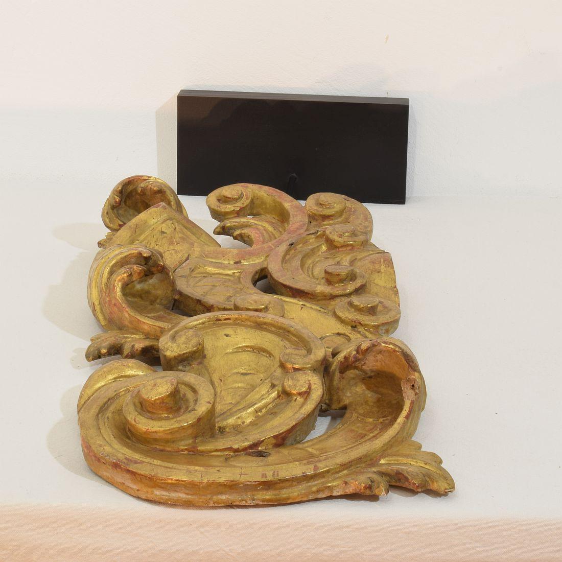 Gran adorno barroco de rizo italiano del siglo XVIII tallado a mano en madera dorada en venta 12