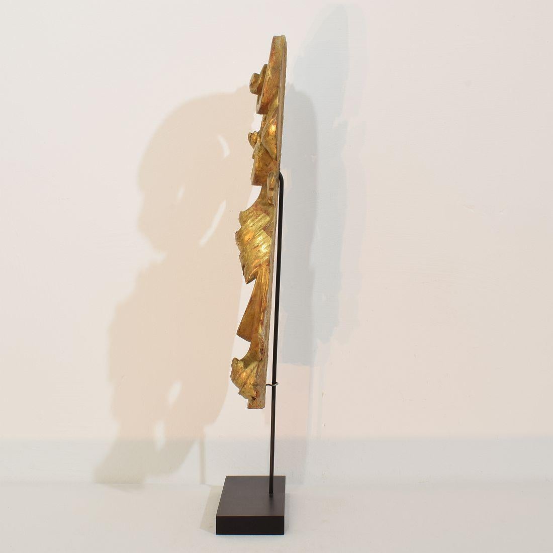 Gran adorno barroco de rizo italiano del siglo XVIII tallado a mano en madera dorada en Bueno estado para la venta en Buisson, FR