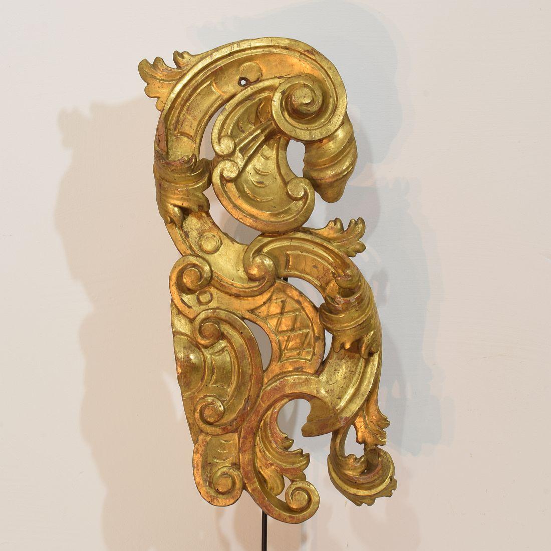Gran adorno barroco de rizo italiano del siglo XVIII tallado a mano en madera dorada siglo XVIII y antes en venta