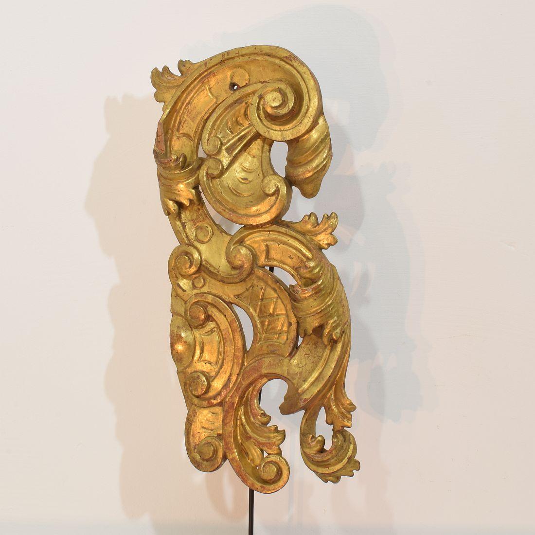 Large 18th Century Italian Hand Carved Giltwood Baroque Curl Ornament For Sale 2