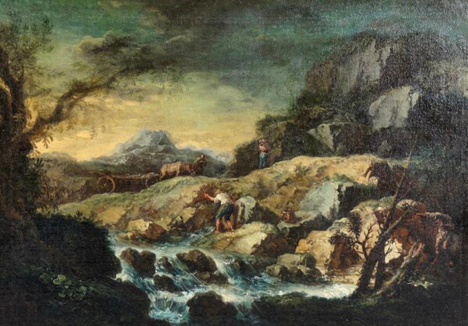 Large 18th Century Italian Landscape Painting. Oil on canvas. Mountainous landscape with river, one figure fishing, another leading ox and cart. 
A very fine classical landscape from the 18th century. This beautiful painting is on a large scale and