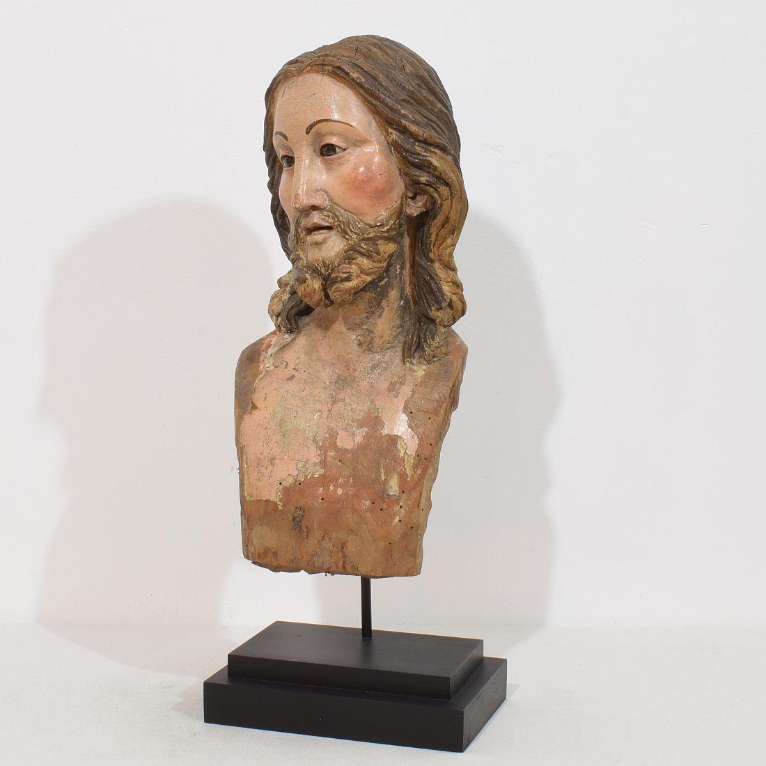 Unique handcarved wooden head of Christ with beautiful expression and glass eyes, once used at processions.
Napels/ Italy, circa 1750-1800. Beautiful example of 18th century craftsmanship. The head is beautiful carved then covered with chalk/gesso