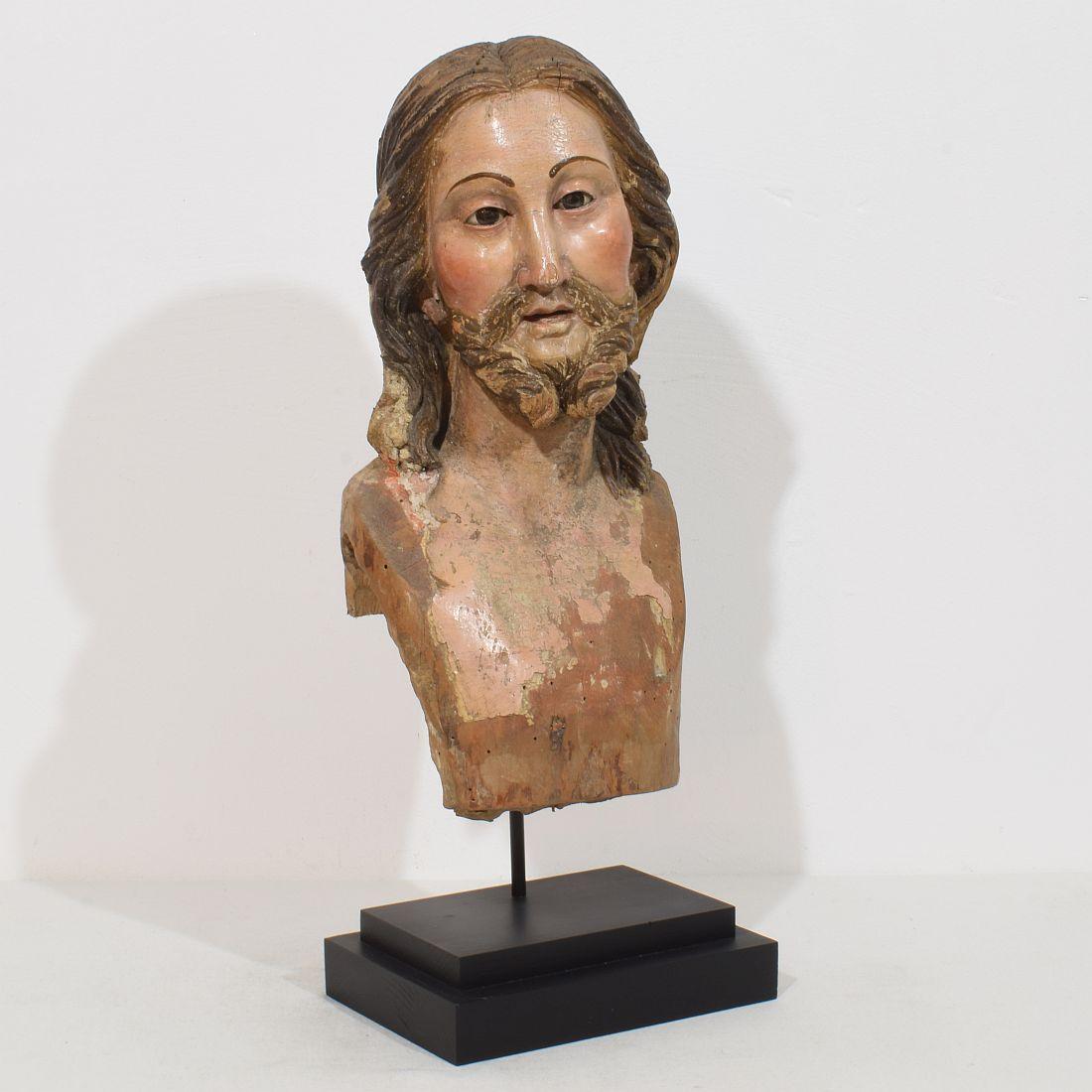 Baroque Large 18th Century Italian / Neapolitan Hand Carved Wooden Head of Christ For Sale