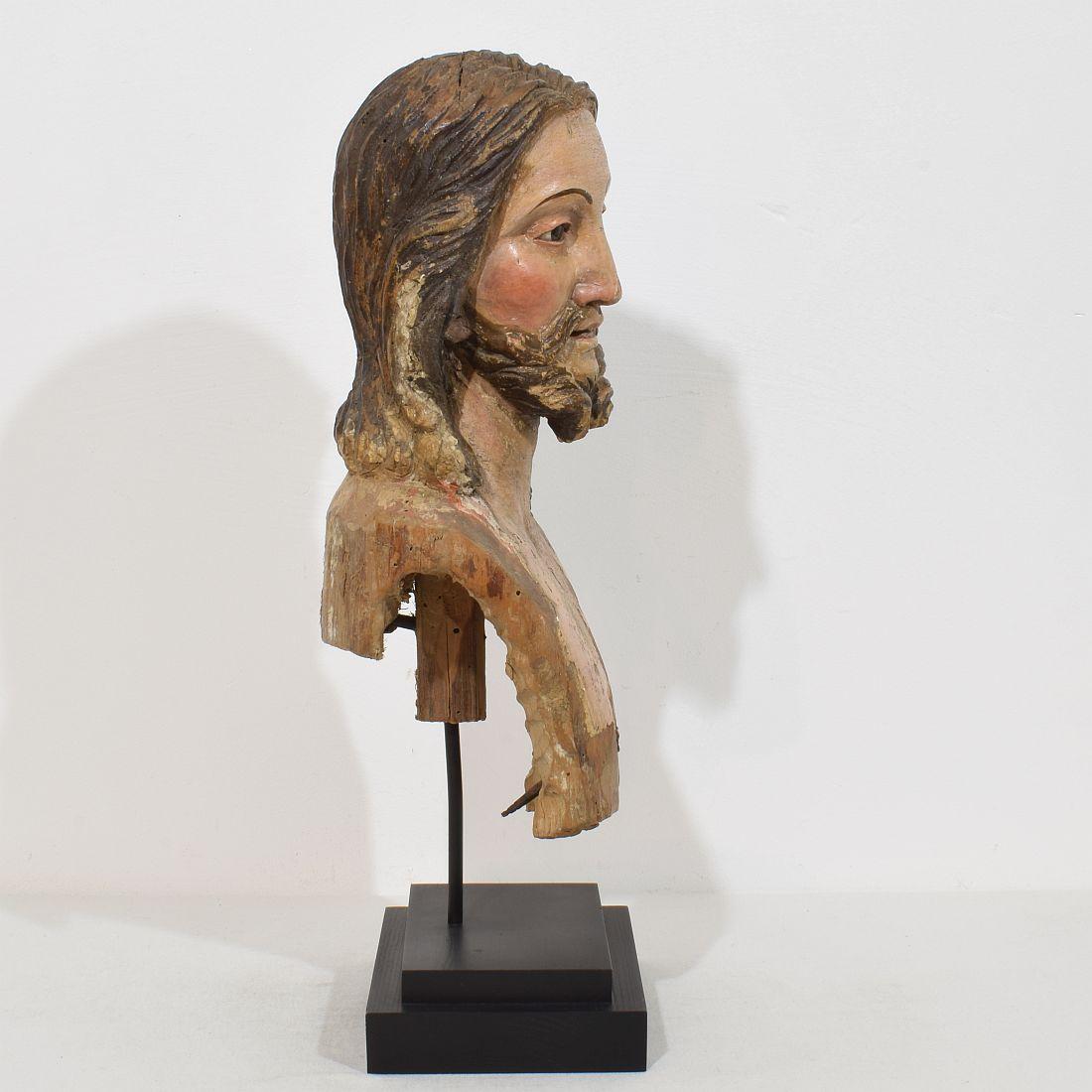 Hand-Carved Large 18th Century Italian / Neapolitan Hand Carved Wooden Head of Christ For Sale