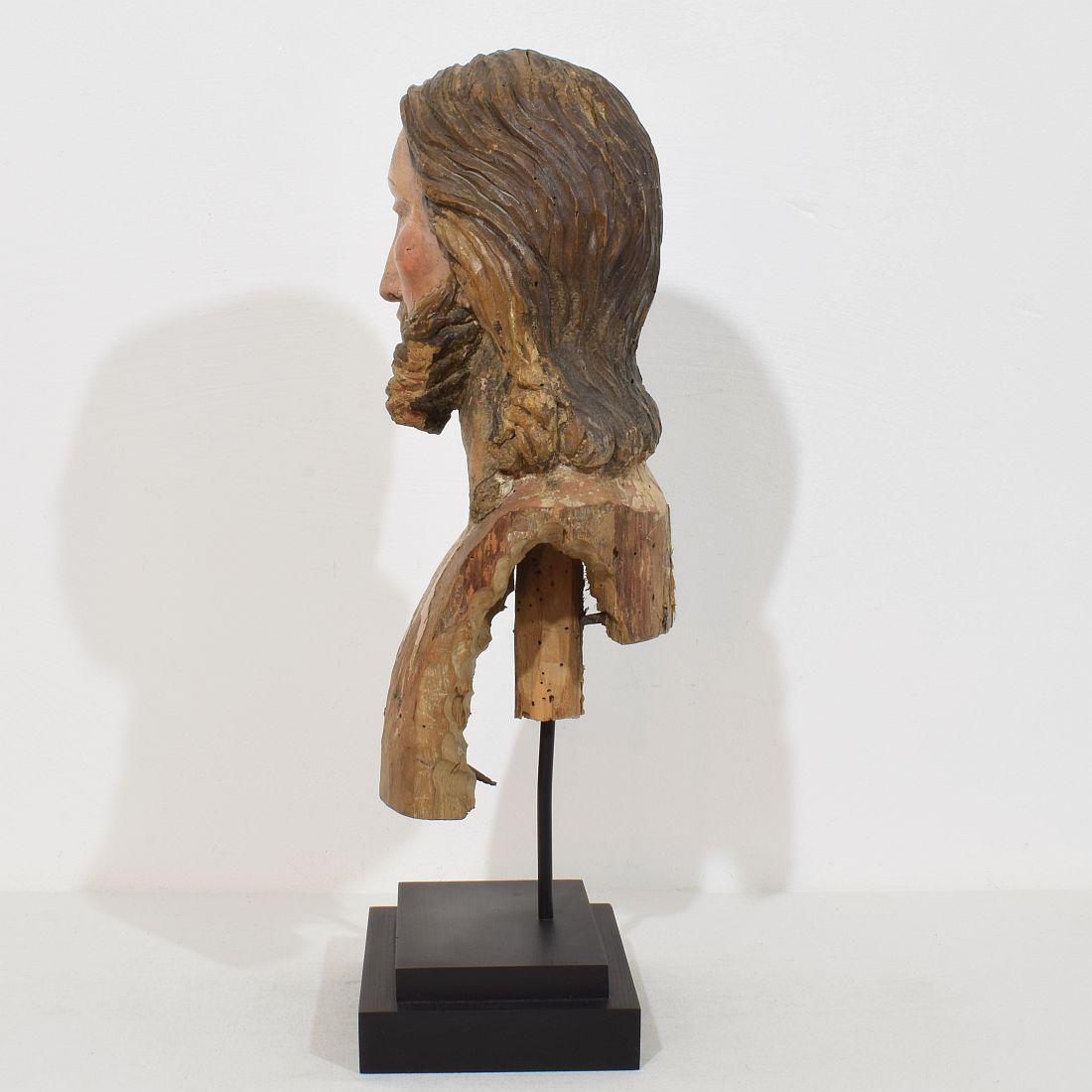 18th Century and Earlier Large 18th Century Italian / Neapolitan Hand Carved Wooden Head of Christ For Sale