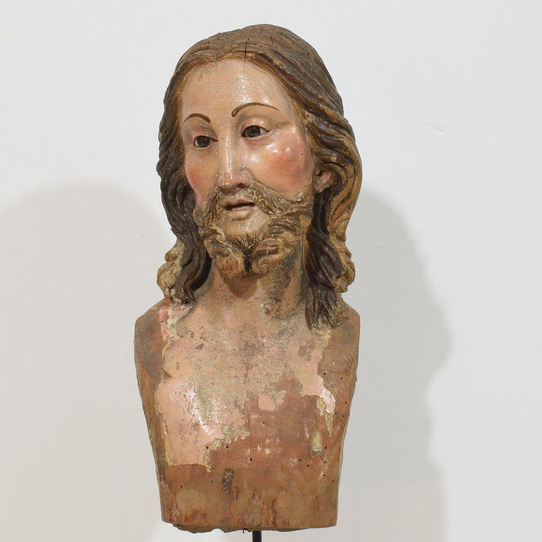Large 18th Century Italian / Neapolitan Hand Carved Wooden Head of Christ For Sale 1