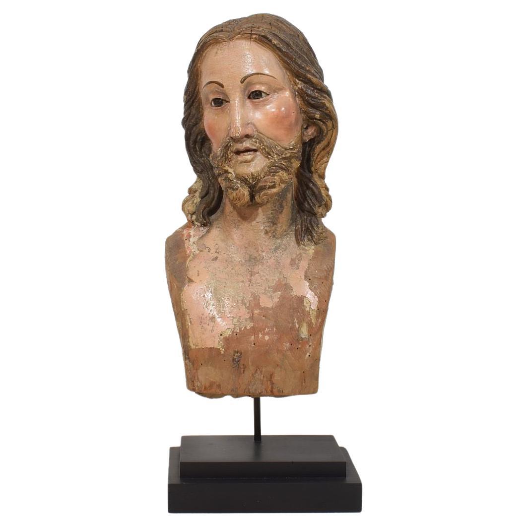 Grande tête de Christ italienne / napolitaine du 18ème siècle en bois sculpté à la main en vente