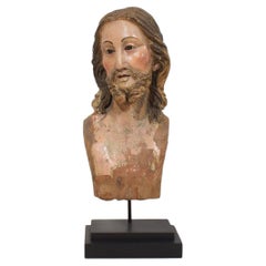 Großer italienischer / neapolitanischer handgeschnitzter Holzkopf des Christus aus dem 18. Jahrhundert
