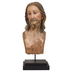 Large 18th Century Italian / Neapolitan Hand Carved Wooden Head of Christ