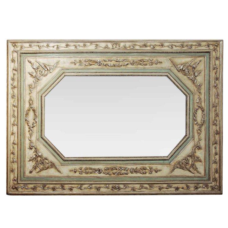 Italian Neoclassic White and Celadon Painted Floral Design Wall Mirror