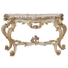 Grande console rococò italiana del XVIII secolo con piano in marmo viola di Breche