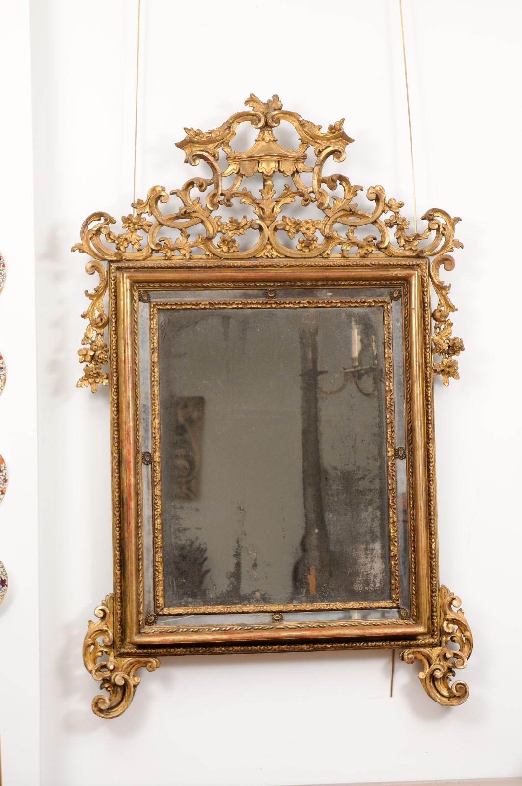 18th Century and Earlier Large 18th Century Italian Rococo Giltwood Mirror with Pagoda Top For Sale