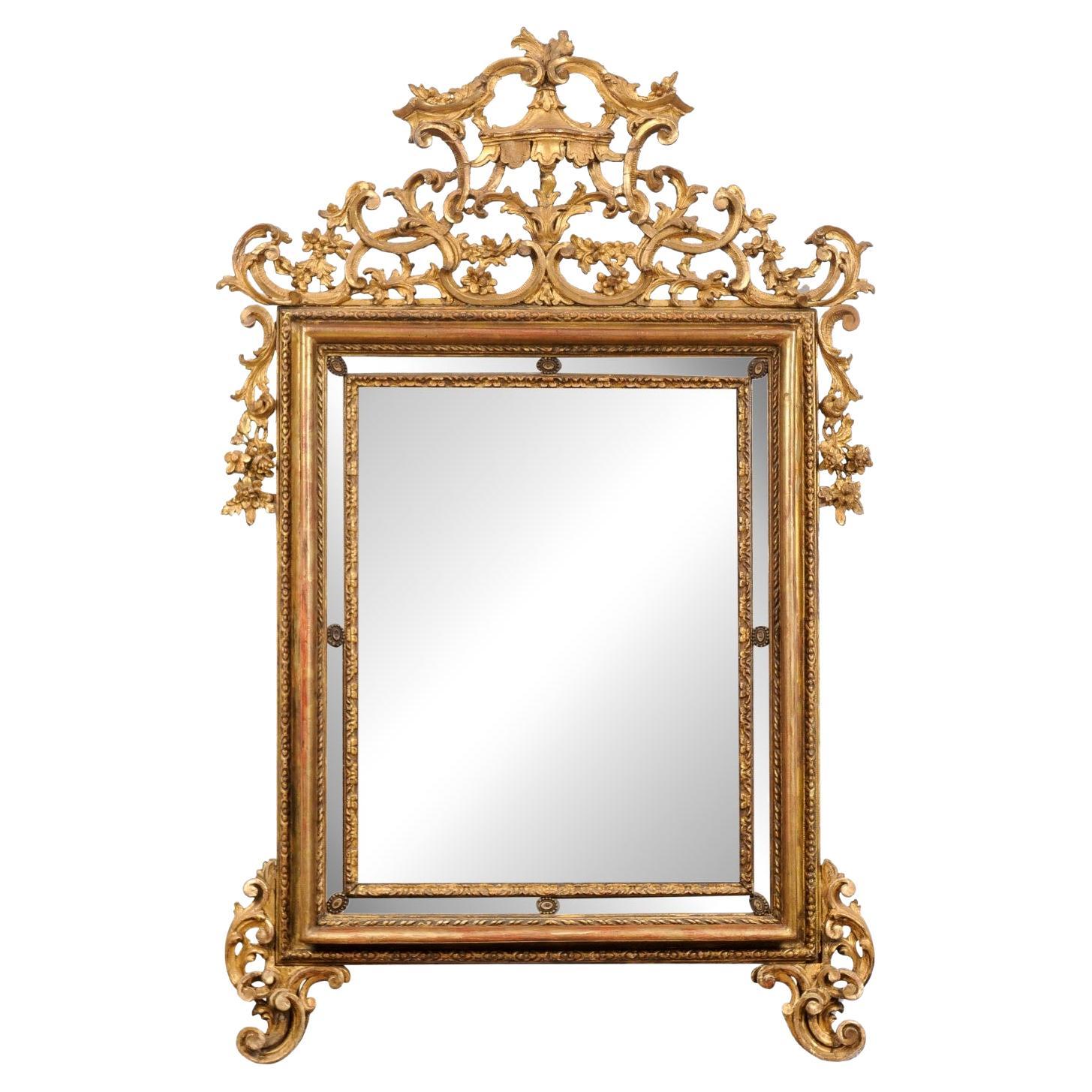Large 18th Century Italian Rococo Giltwood Mirror with Pagoda Top For Sale