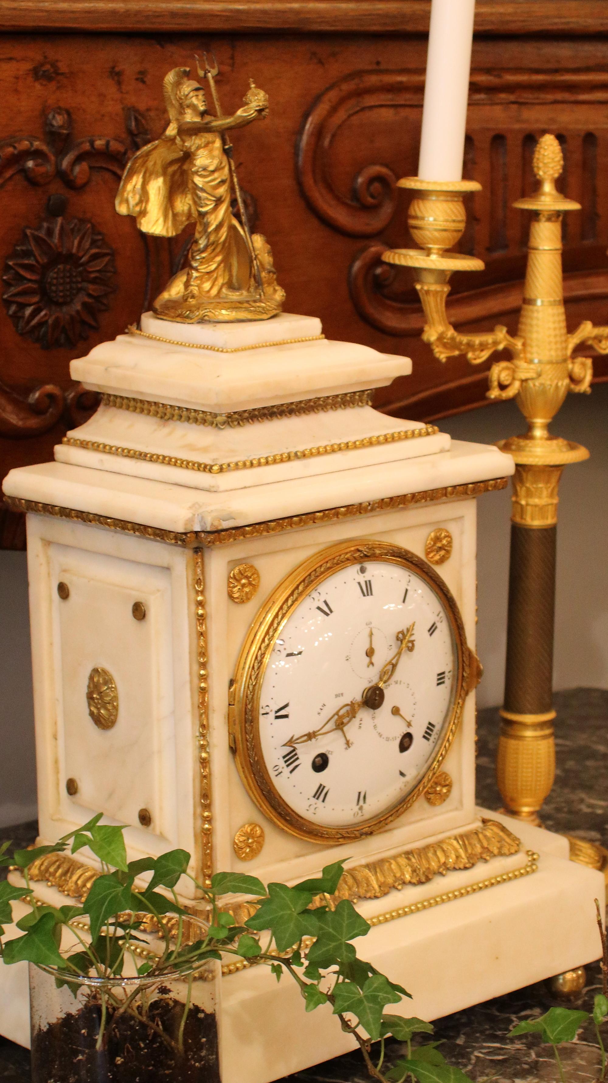 Large 18th Century French Louis XVI White Marble Mantel Clock with Pallas Athena For Sale 7