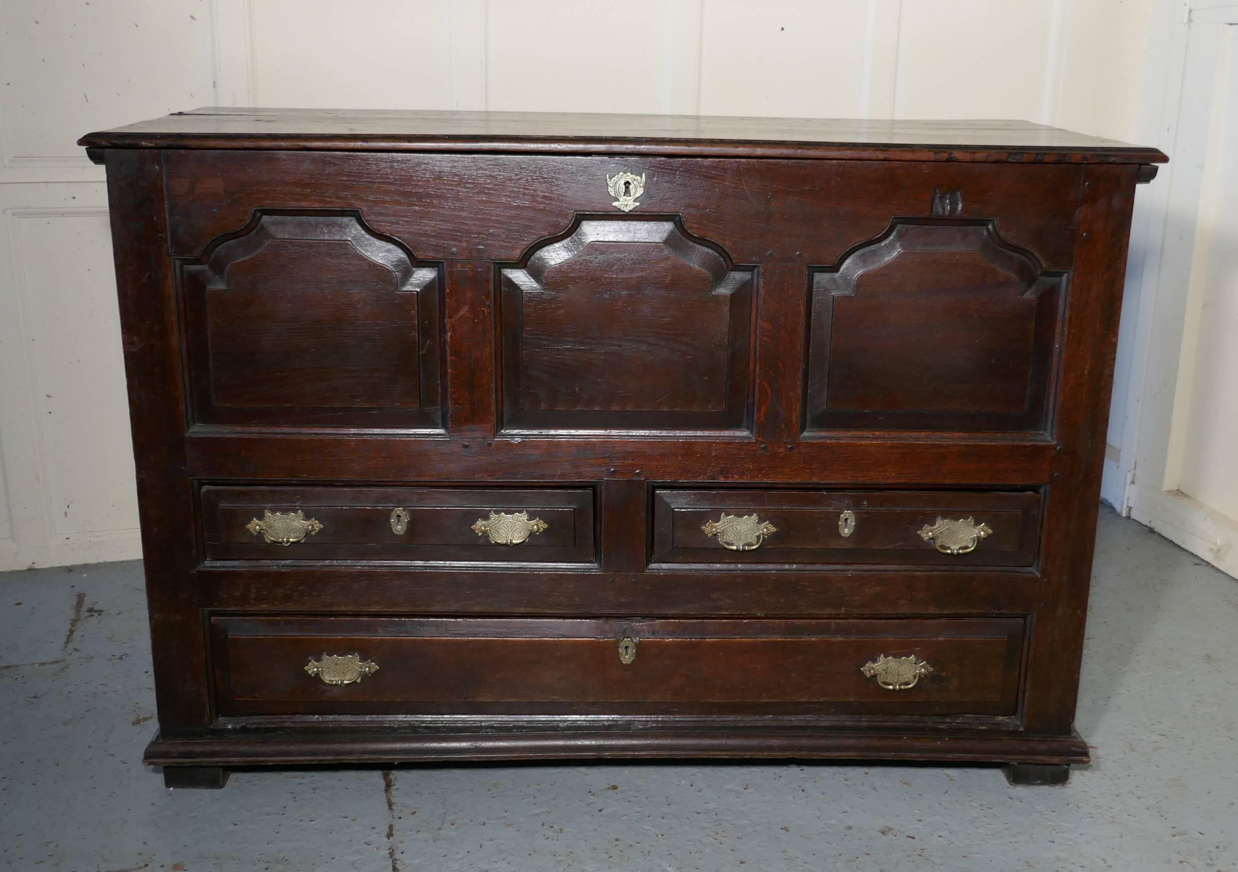 Large 18th century oak three-drawer Mule chest, 

This is fine looking piece, dating from the mid-18th century
The coffer has a three plank hinged top, over a panelled front decoration, beneath this it has two short over one long drawer in the