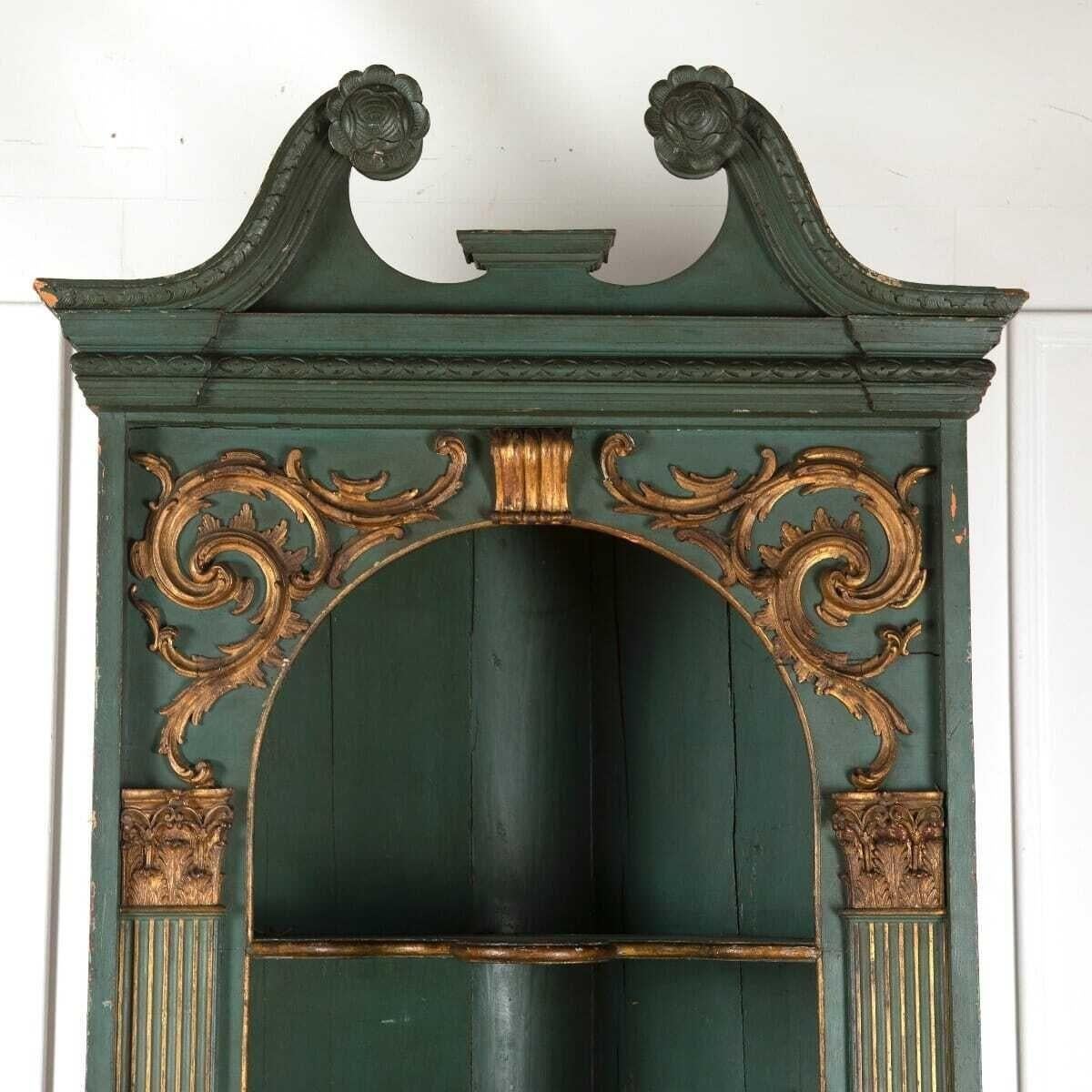 Wood Large 18th Century Painted and Gilded Corner Cupboard For Sale