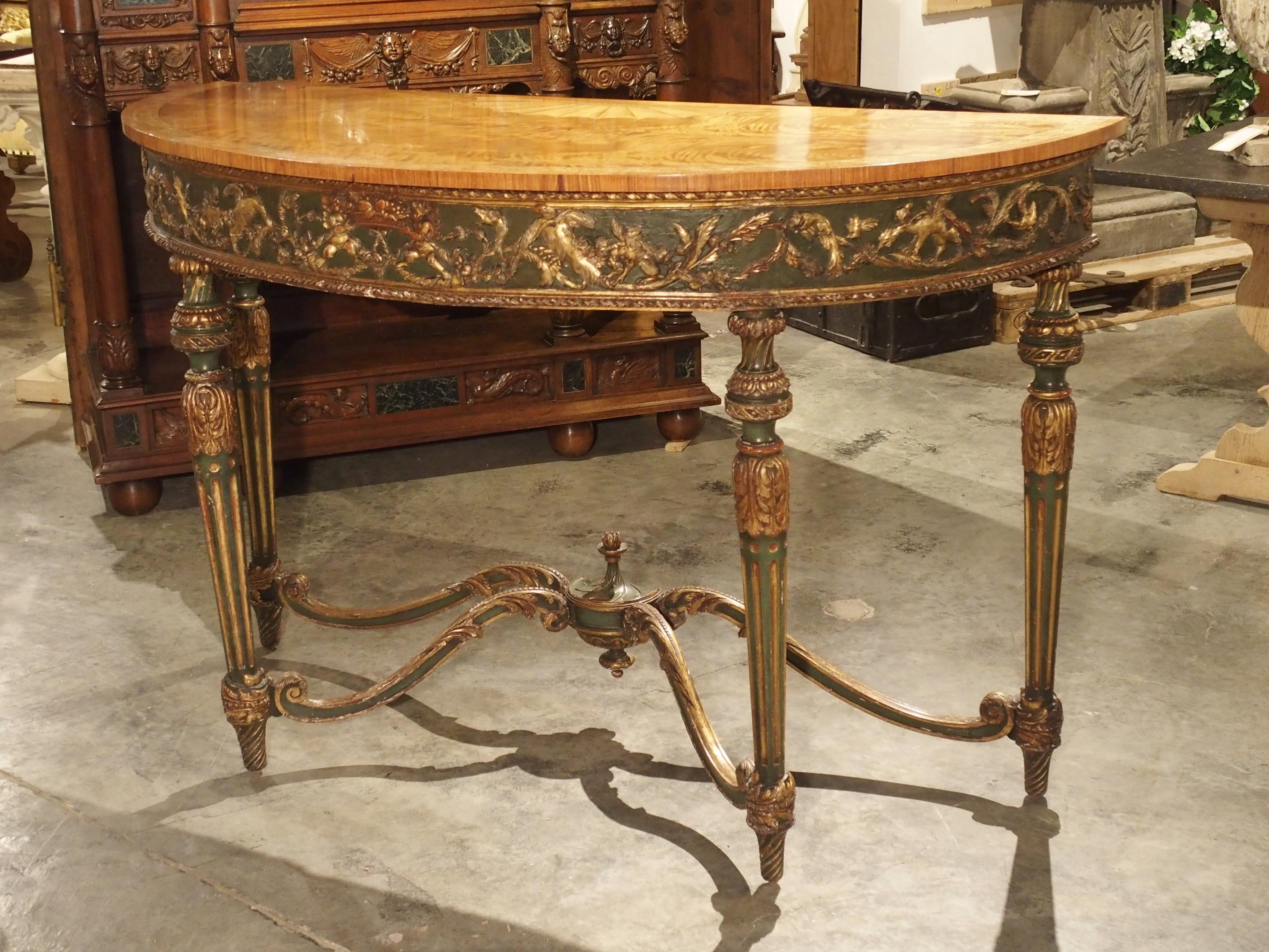 Large 18th Century Painted Italian Demilune Console Table In Good Condition In Dallas, TX
