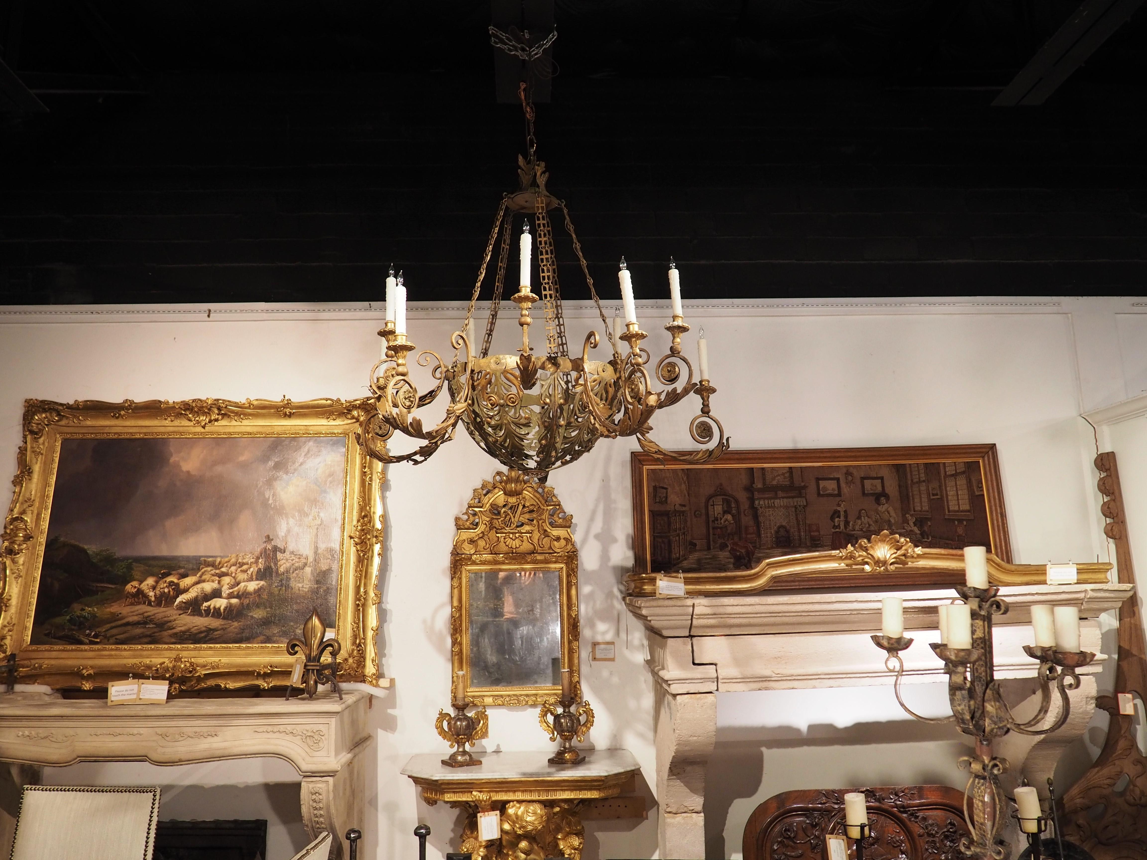 Large 18th Century Painted Tole, Iron and Wood Ten-Light Chandelier from Italy 12