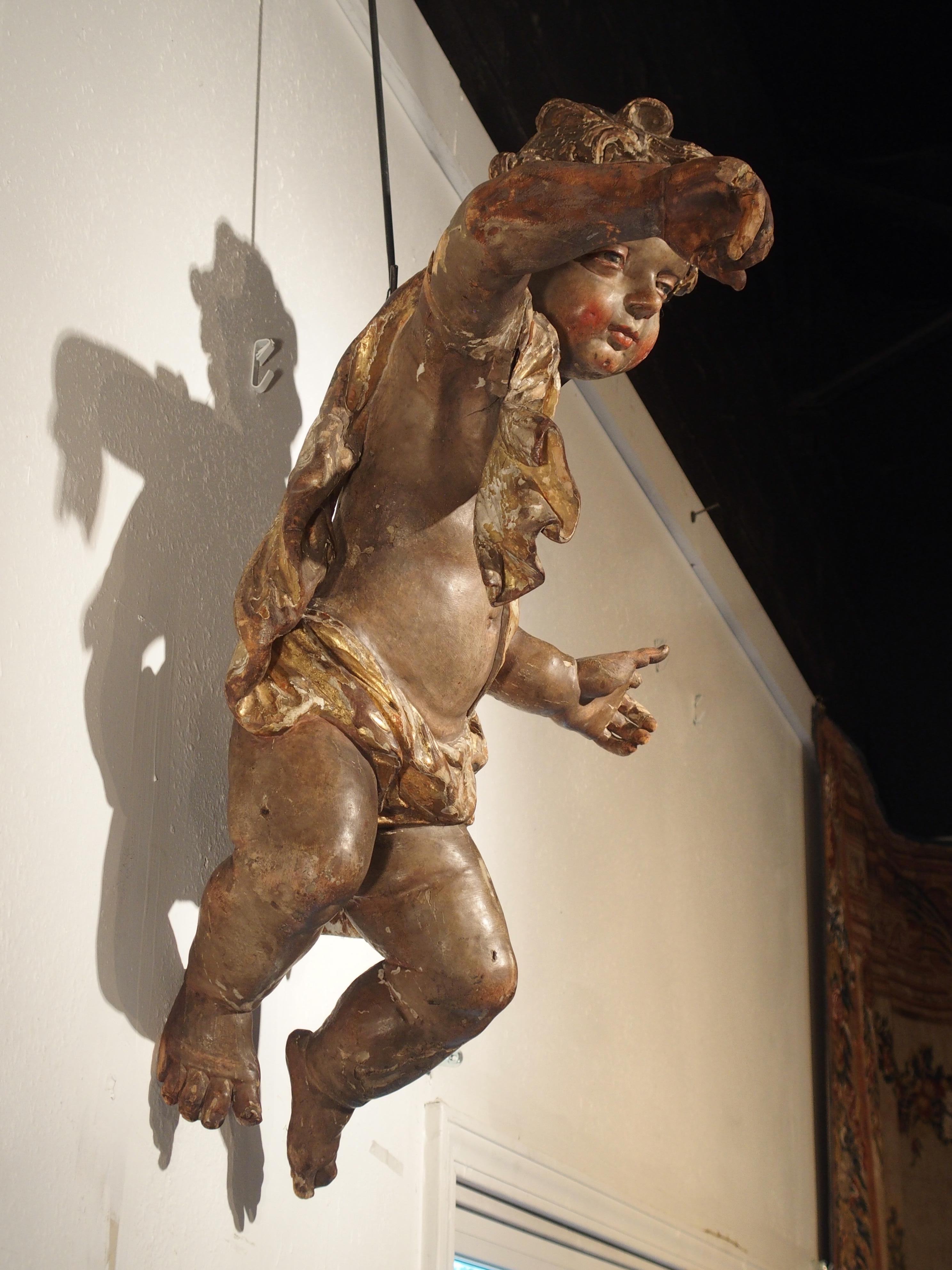 Large 18th Century Polychrome and Giltwood Cherub from Italy 9